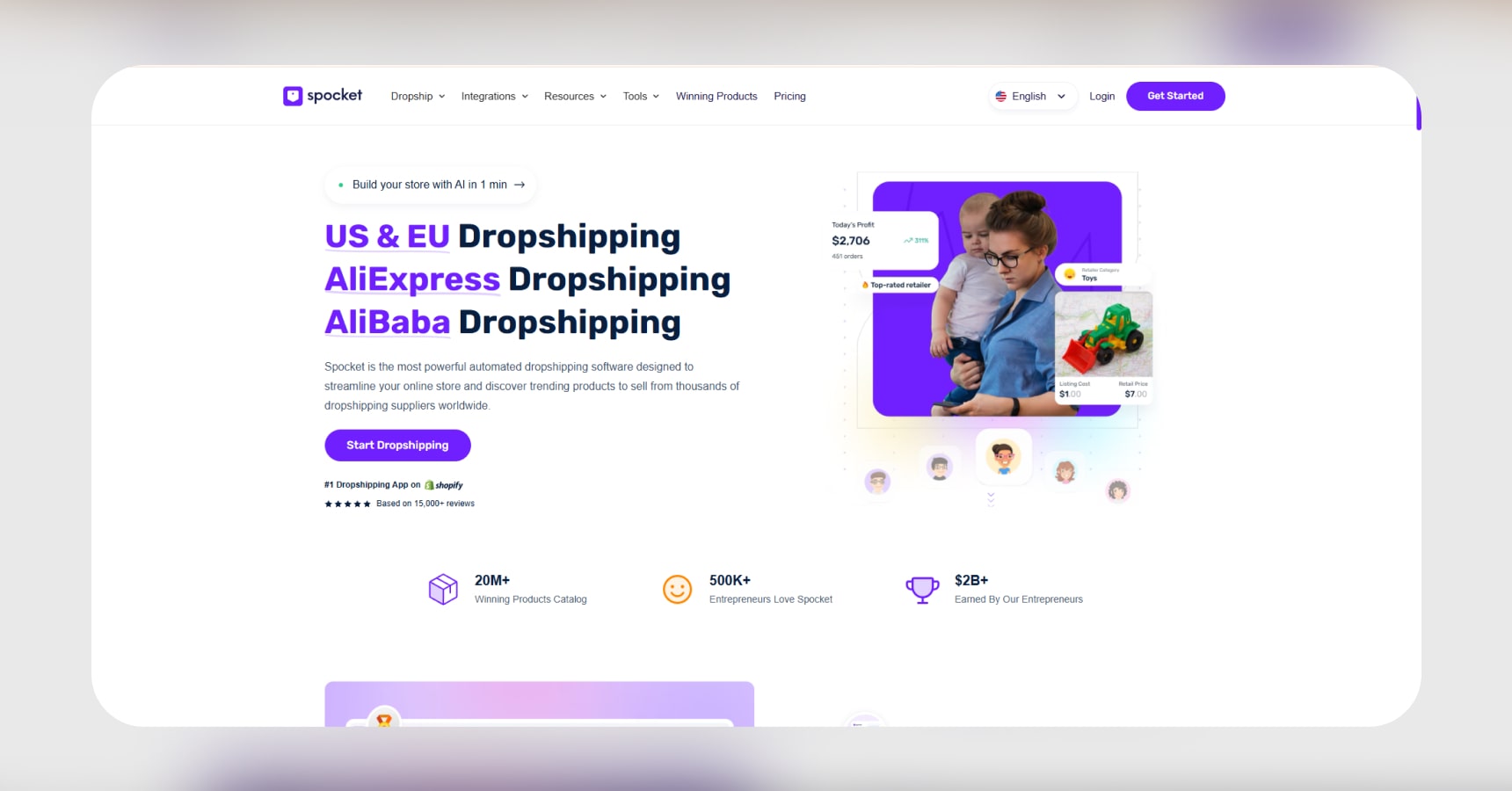 Screenshot of Spocket's homepage for the Best apps for dropshipping article