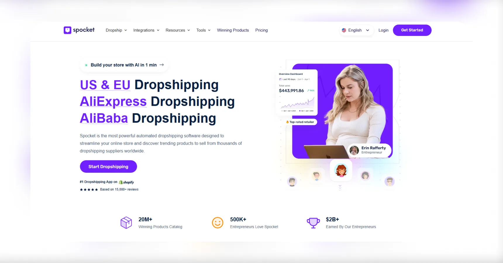 Screenshot of the Spocket homepage for an article on the best clothing dropshipping suppliers