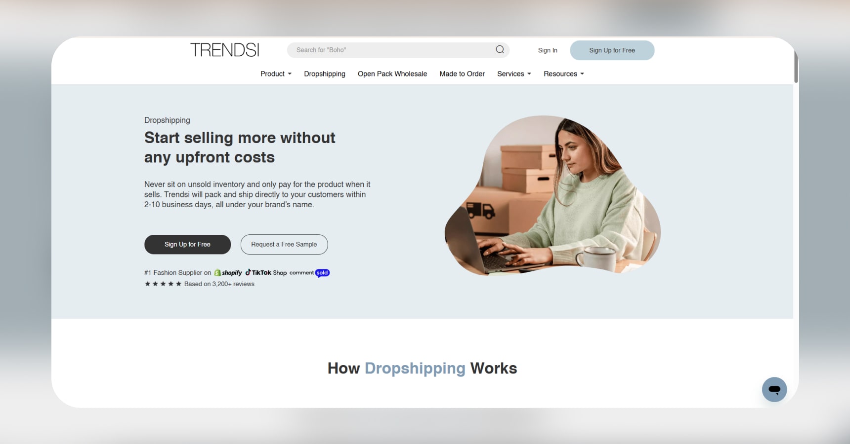 Screenshot of Trendsi's homepage for the Best apps for dropshipping article