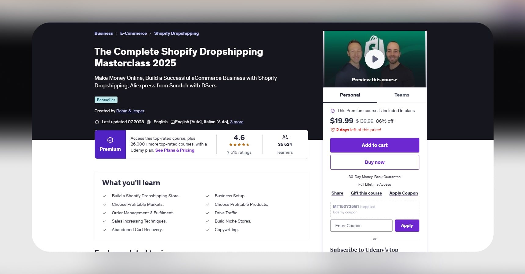 Screenshot of the page of The Complete Shopify dropshipping Masterclass 2025 for the Best dropshipping courses article
