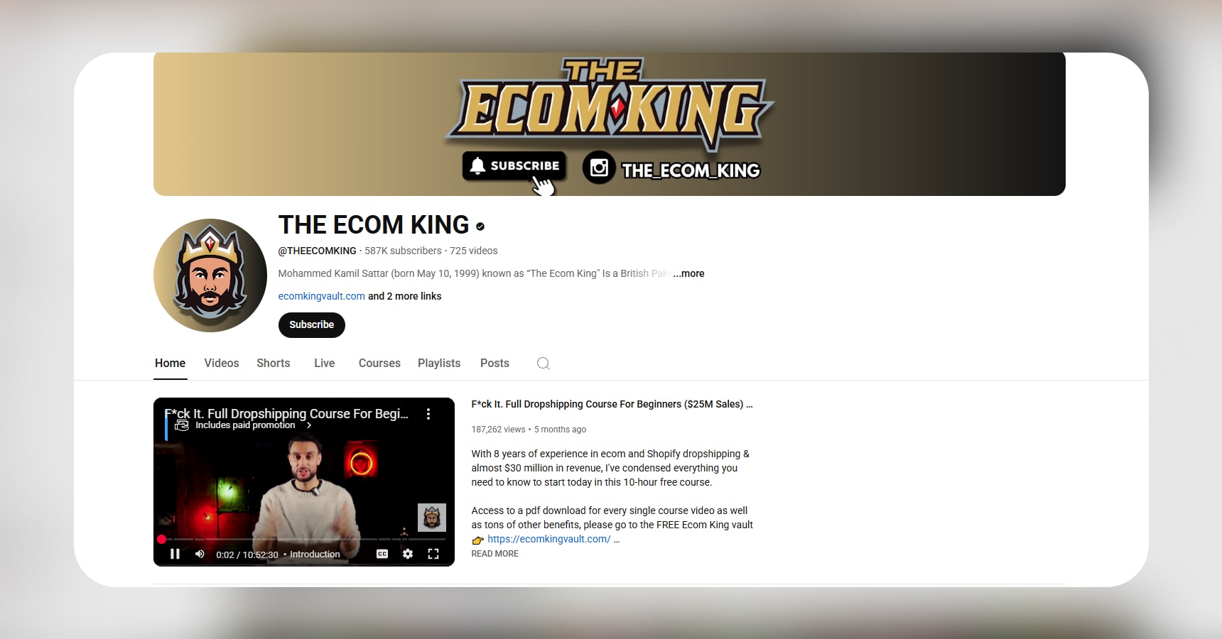 Screenshot of the The Ecom King's YouTube channel for the Best dropshipping courses article