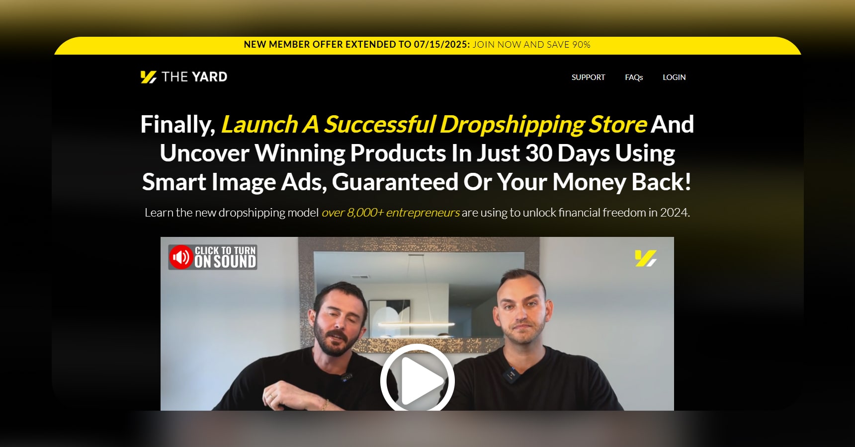 Screenshot of The Yard Academy's homepage for the Best dropshipping courses article