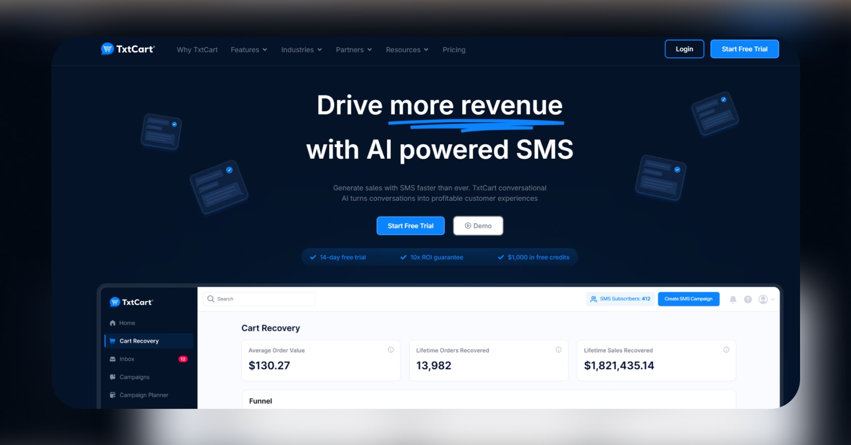 Screenshot of TxtCart's homepage for the Best apps for dropshipping article