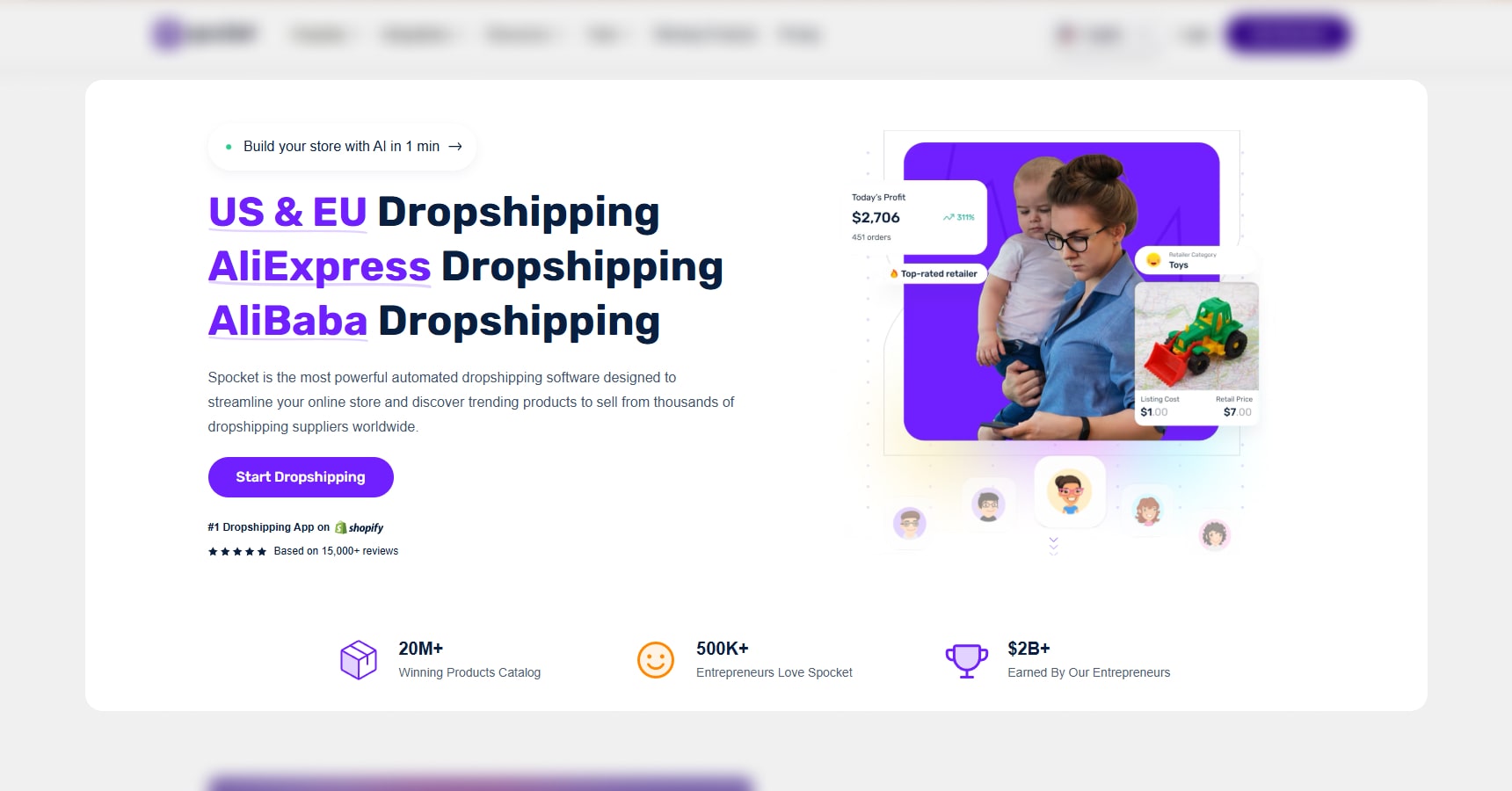 Screenshot of the Spocket's homepage for the Best Dropshipping Sites article