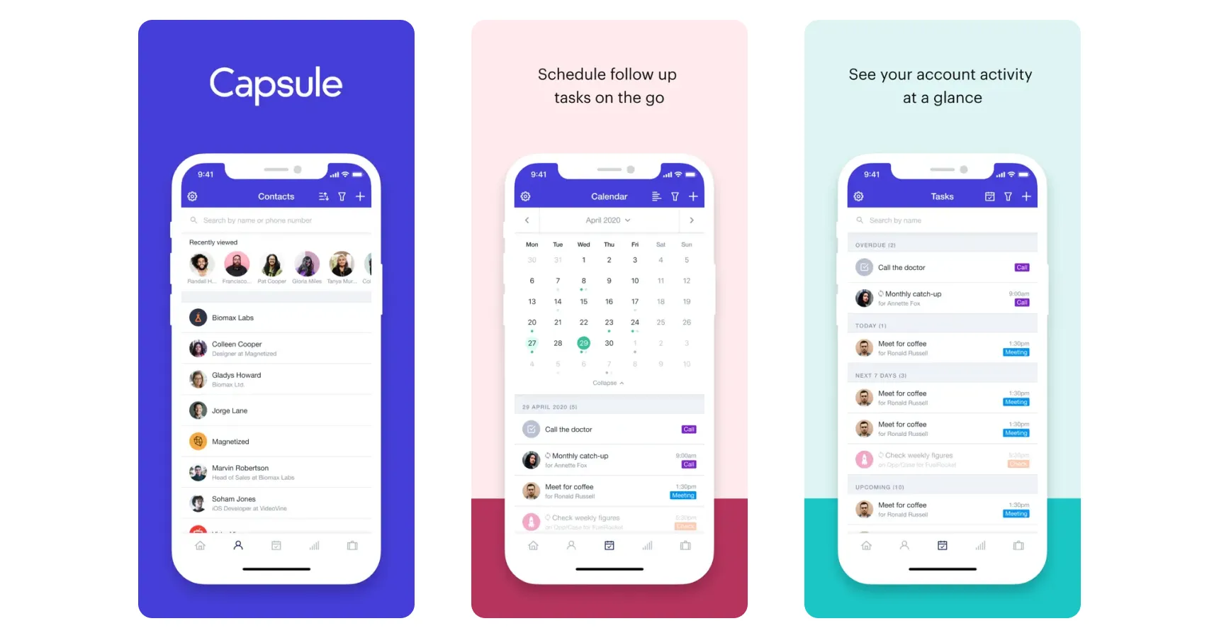 Images of the Capsule CRM app for the best apps for small business article