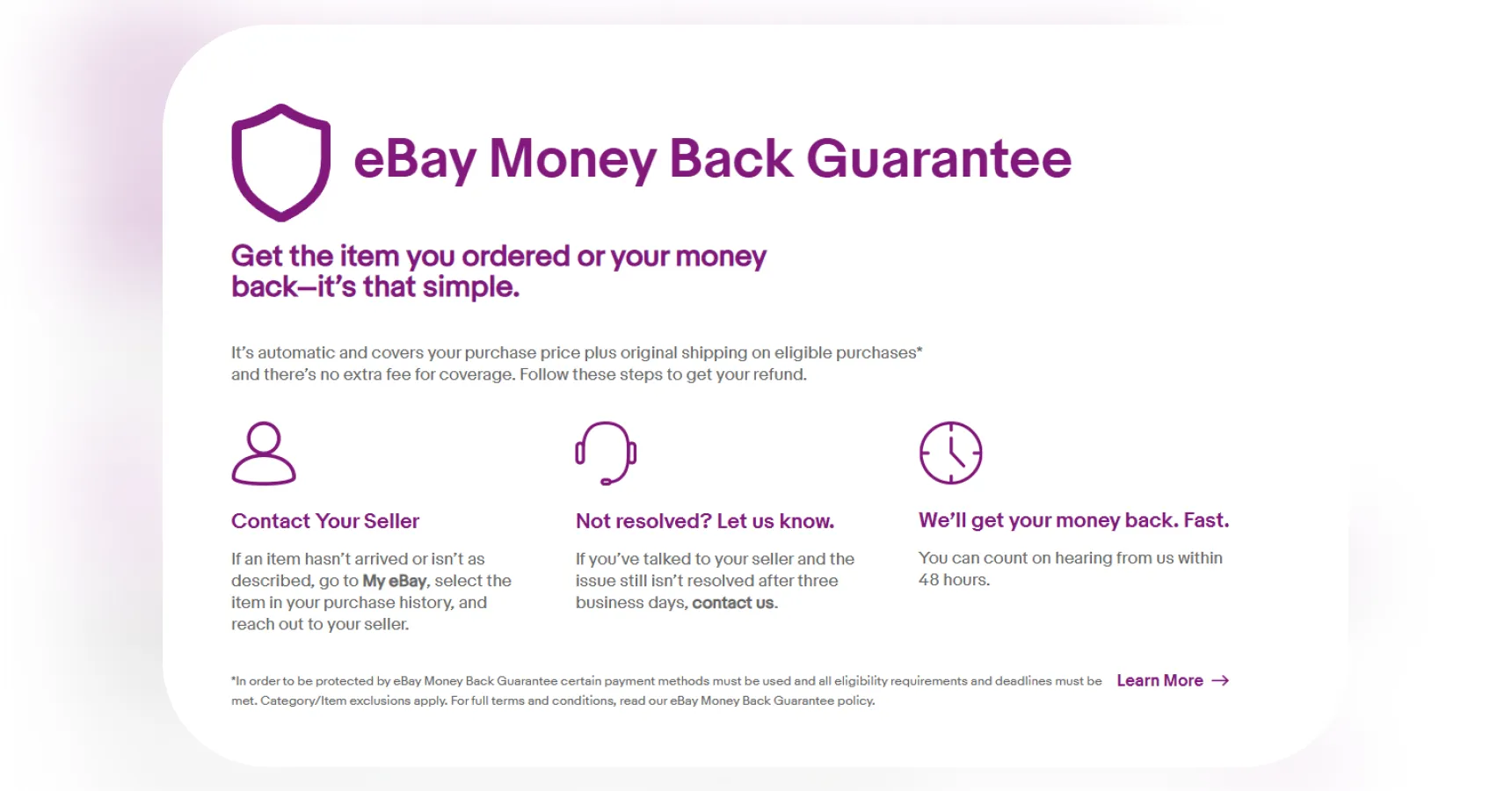 Screenshot of the eBay's Money Back Guarantee page for the article 'is eBay legit'