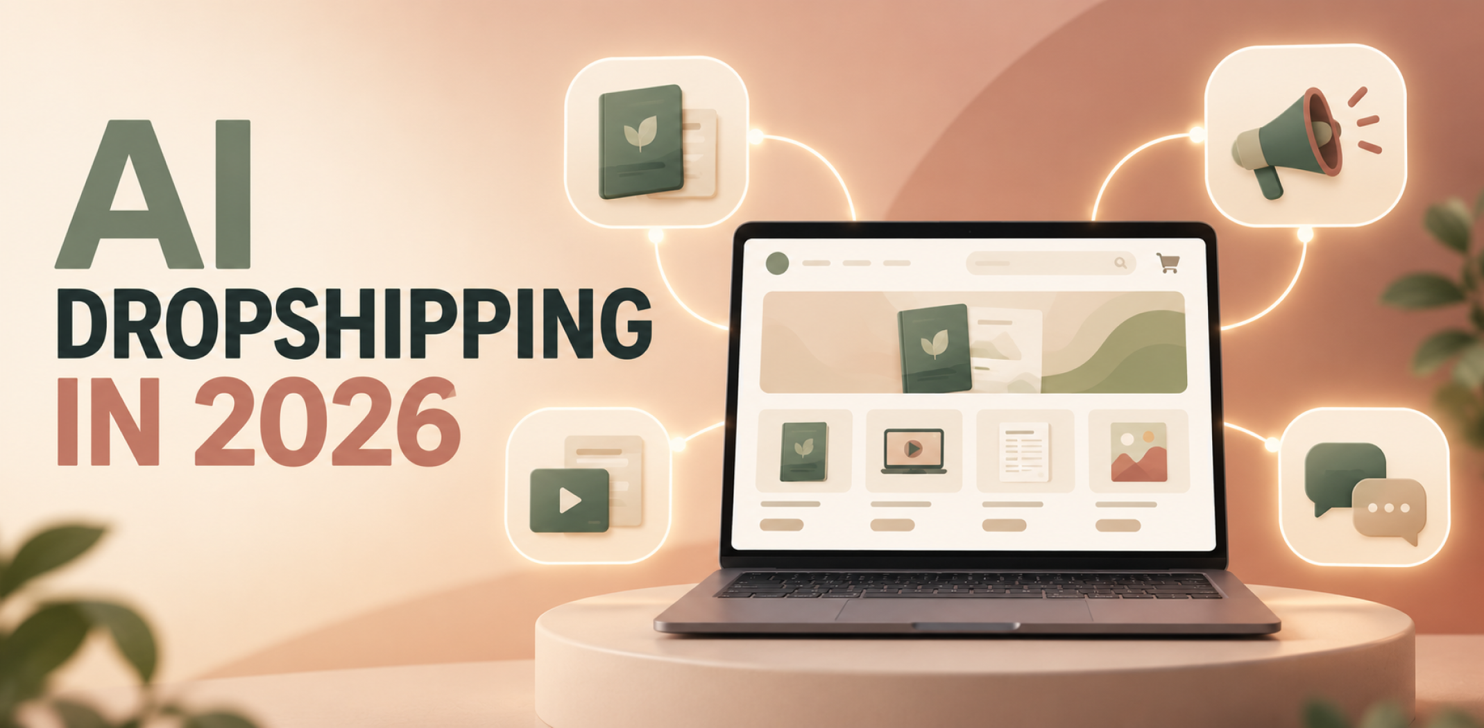 AI dropshipping in 2026 illustration showing product, advertising, and shipping icons connecting into one automated online store dashboard.