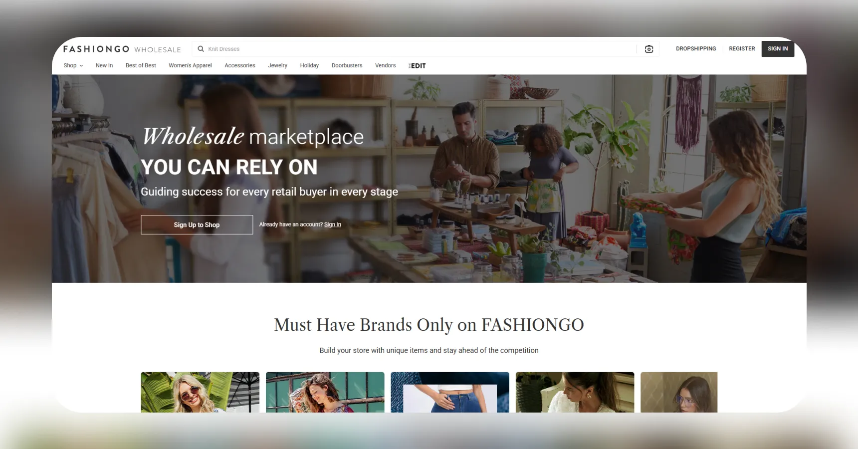 Screenshot of the FashionGo homepage for an article on the best clothing dropshipping suppliers