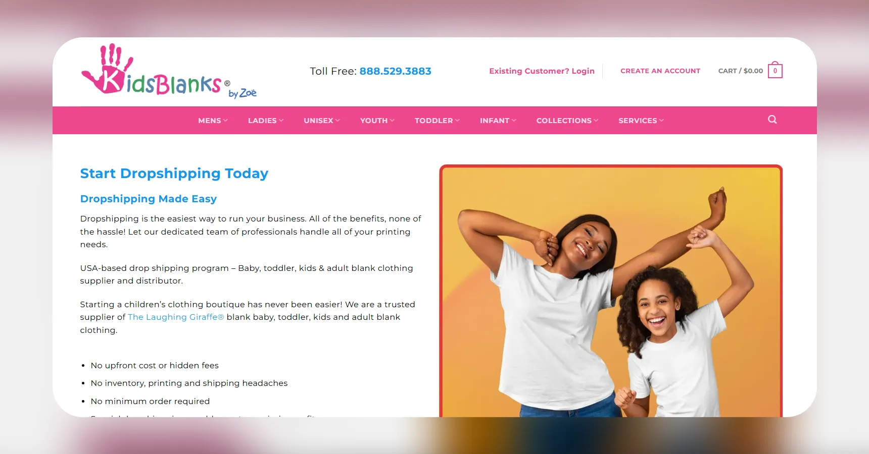 Screenshot of the Kids Blanks homepage for an article on the best clothing dropshipping suppliers