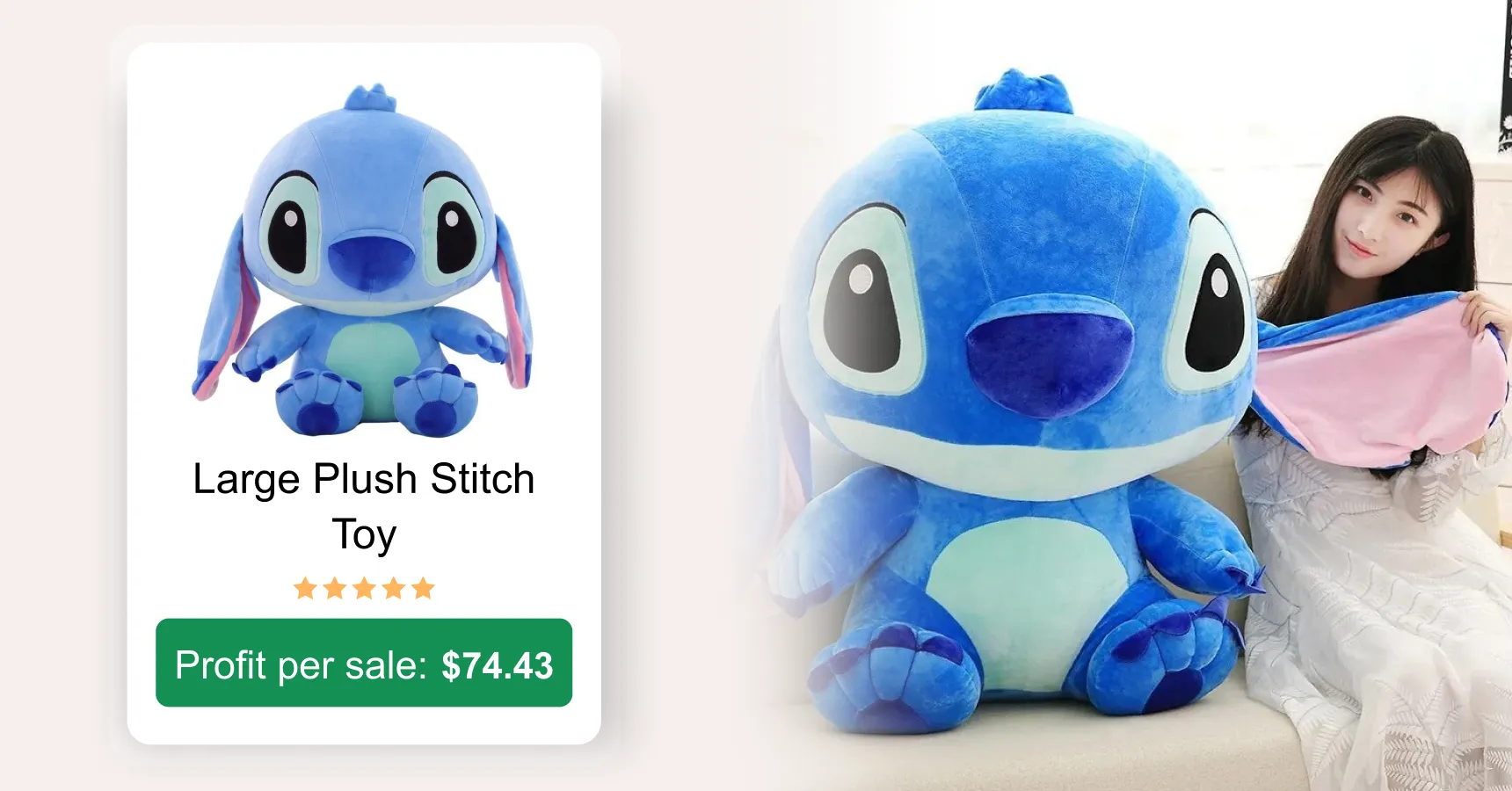 Image of a large plush Stitch toy for an article on AliExpress trending products 2026