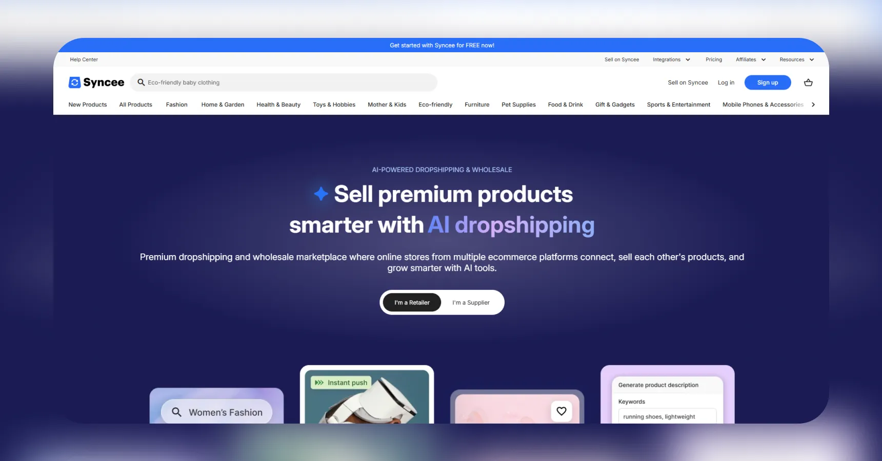 Screenshot of the Syncee homepage for an article on the best clothing dropshipping suppliers