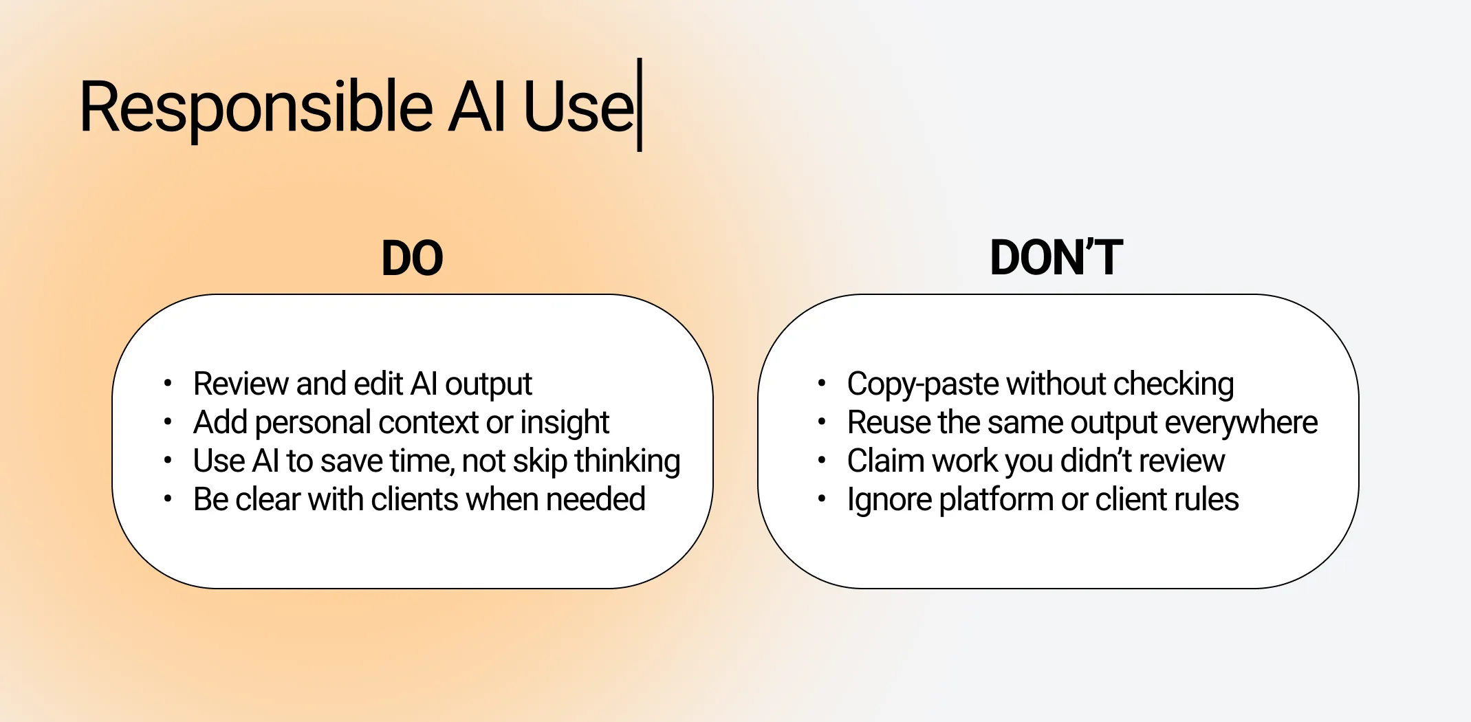 Infographic showing do and don't rules for responsible AI use when learning how to make money with ChatGPT