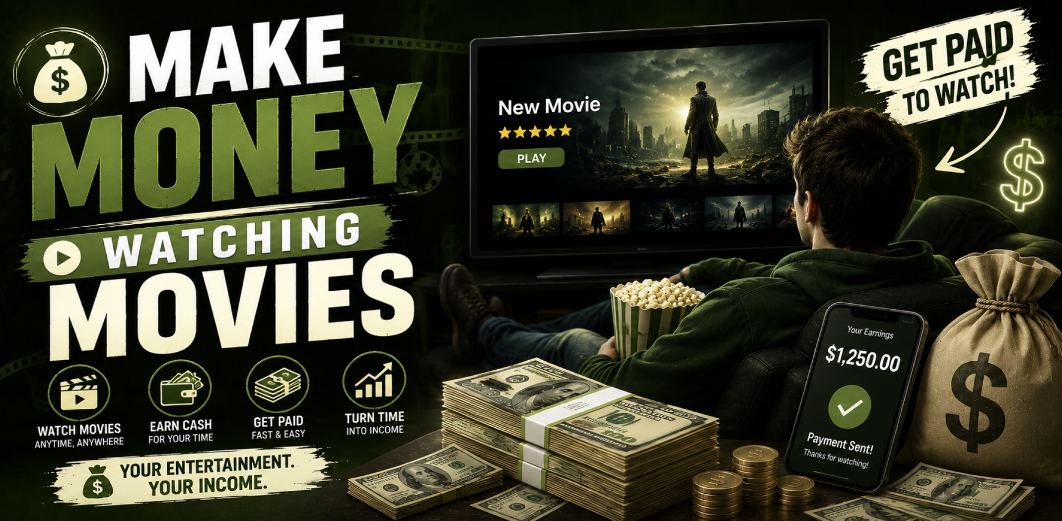 Featured image for an article about how to make money watching movies.