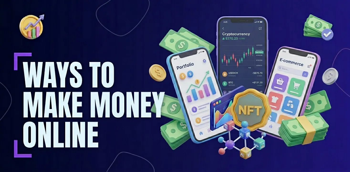 Main and featured image for an article about the ways to make money online
