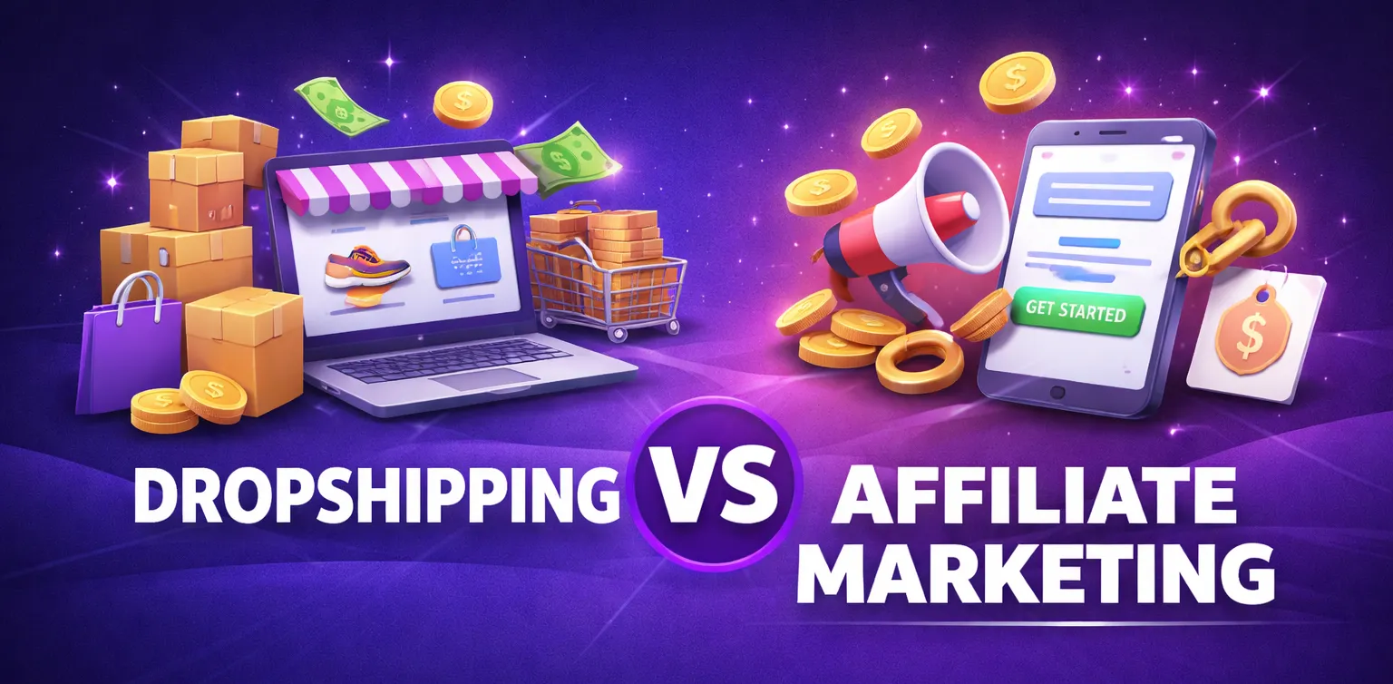 Main and featured image for an article on dropshipping vs affiliate marketing comparison