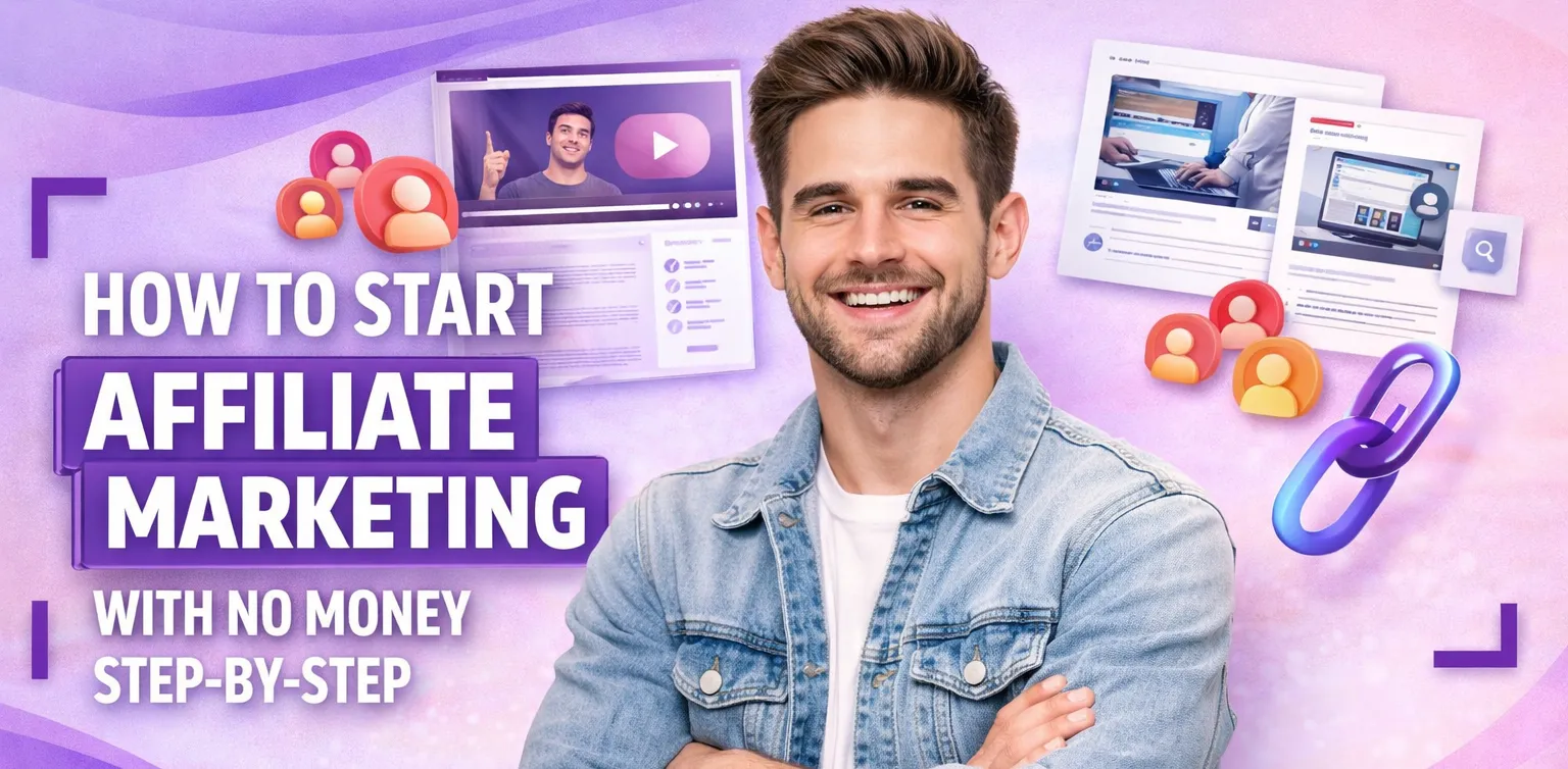Main and featured image for an article about how to start affiliate marketing with no money step-by-step
