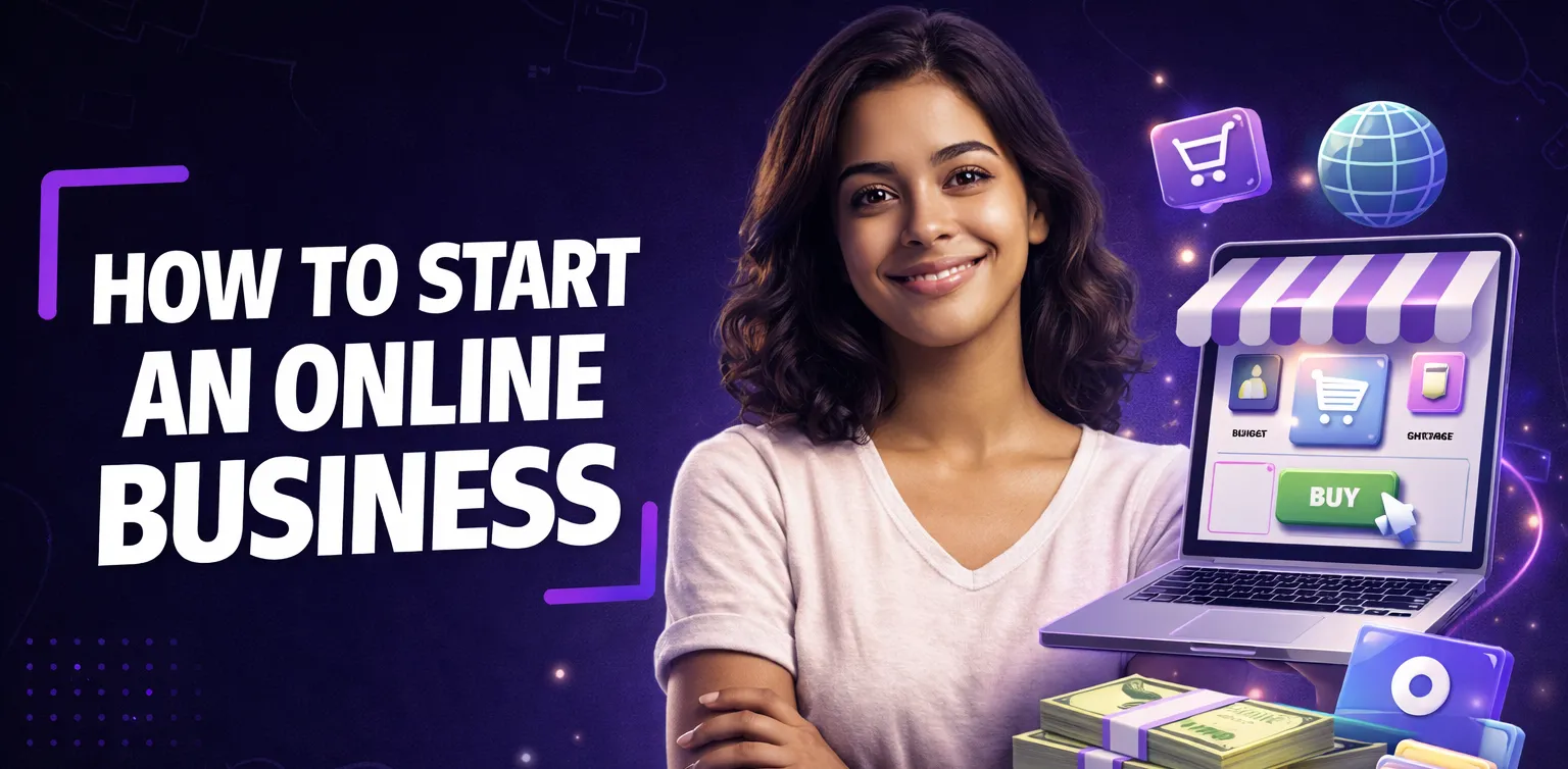 Main and featured image for an article on how to start an online business