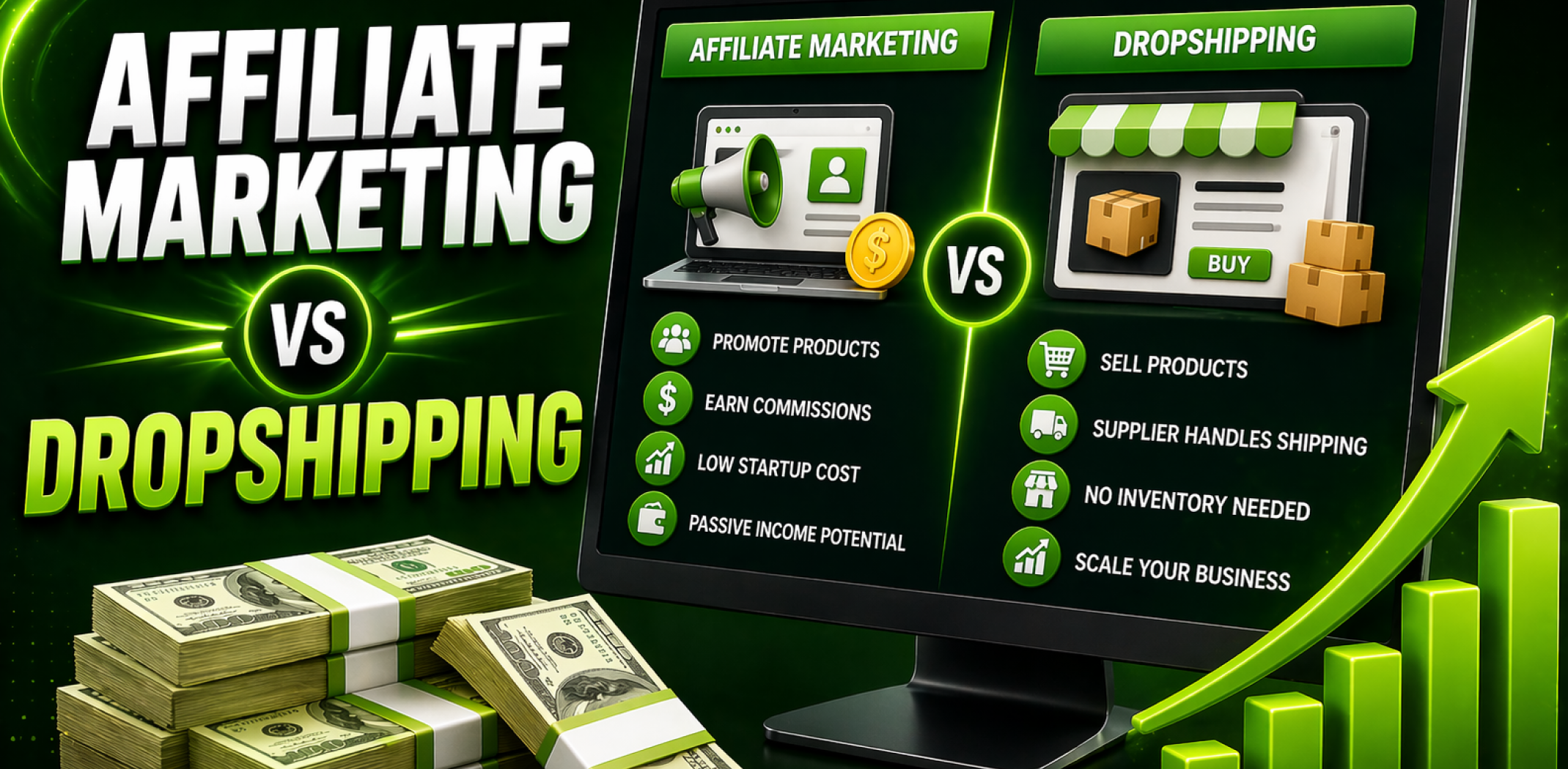 Featured image for the article with comparison affiliate marketing vs dropshipping.