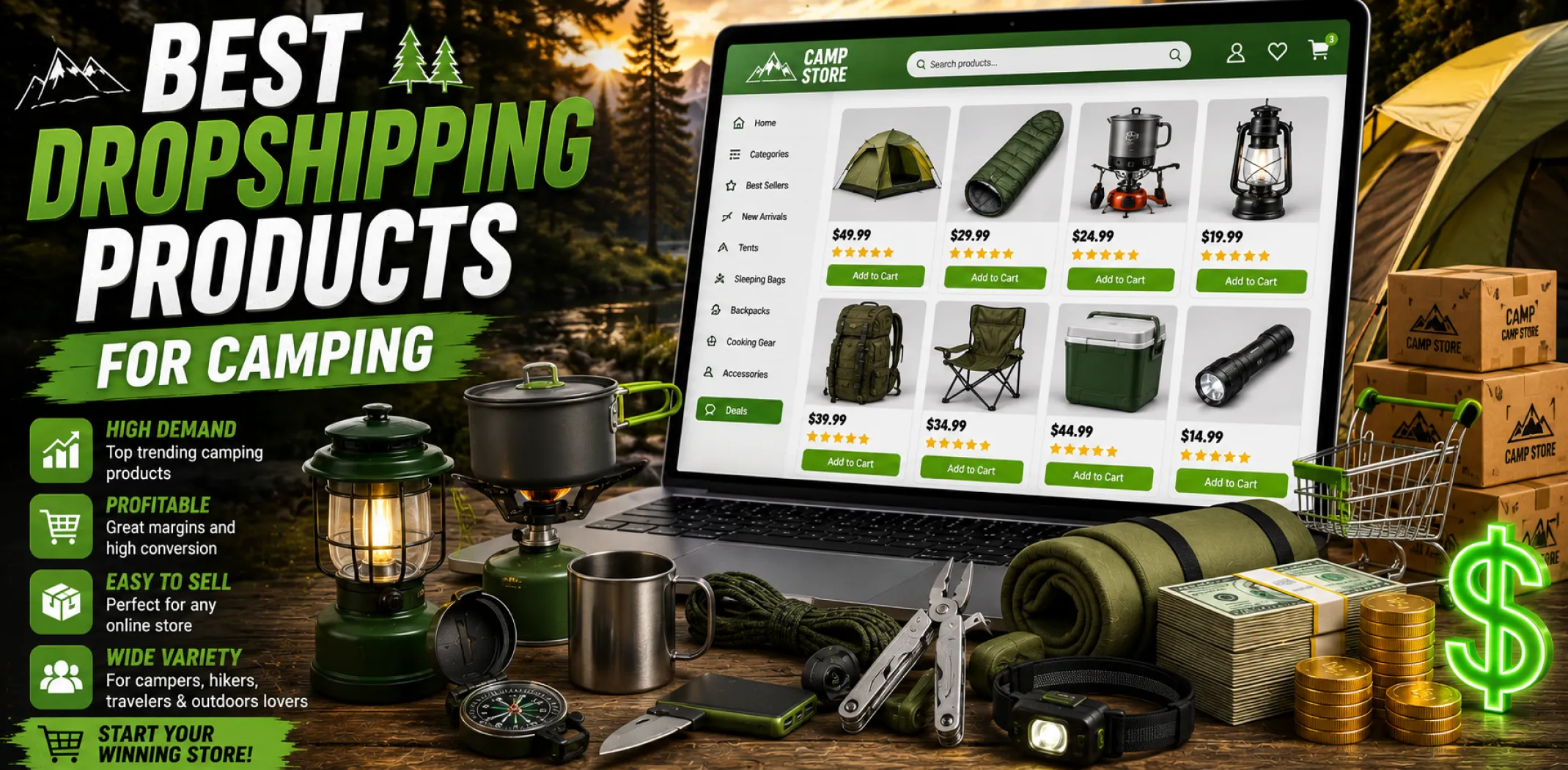 Featured image for an article about the best dropshipping products for camping