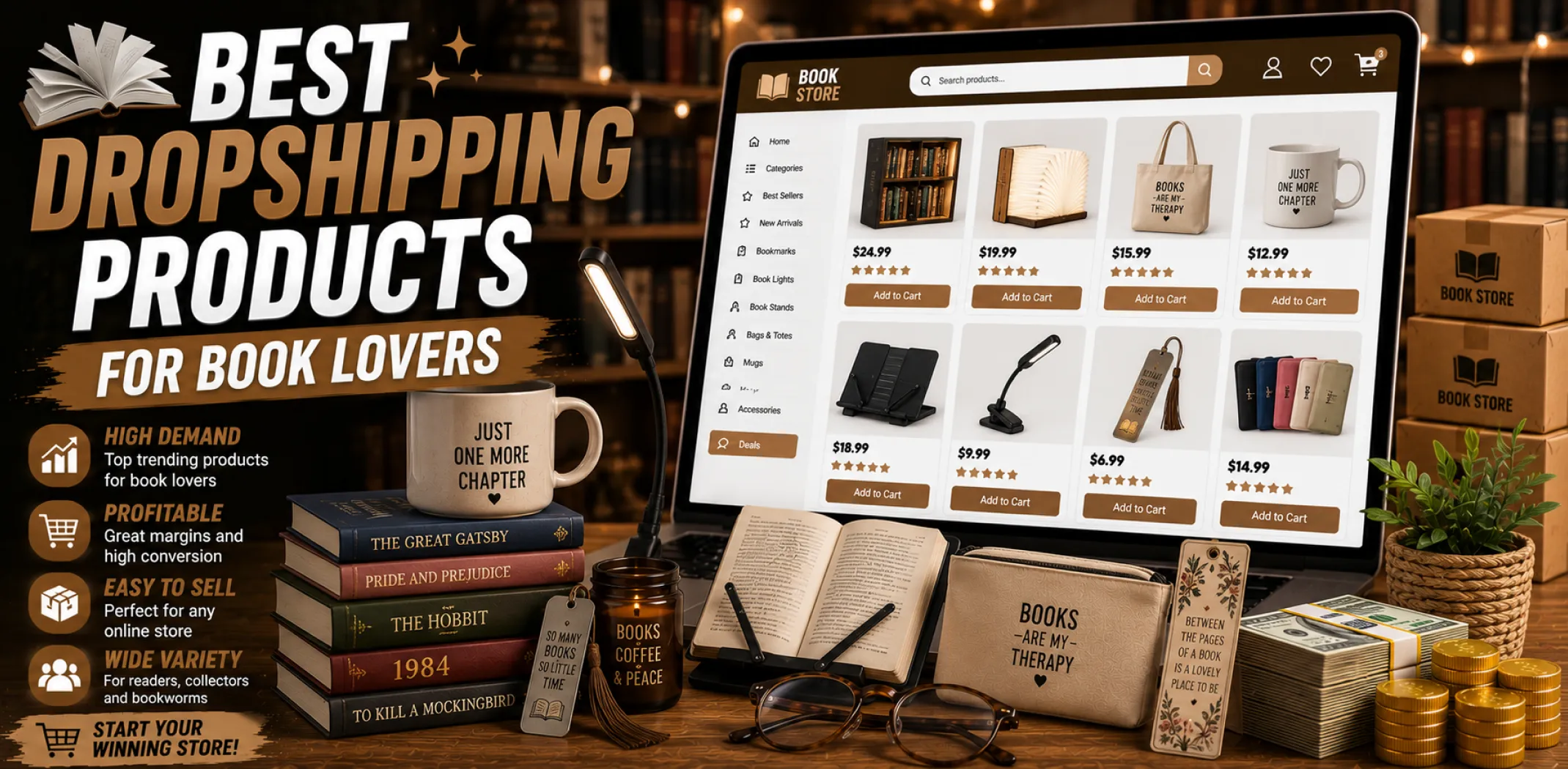 Featured image for an article about the best dropshipping products for book lovers