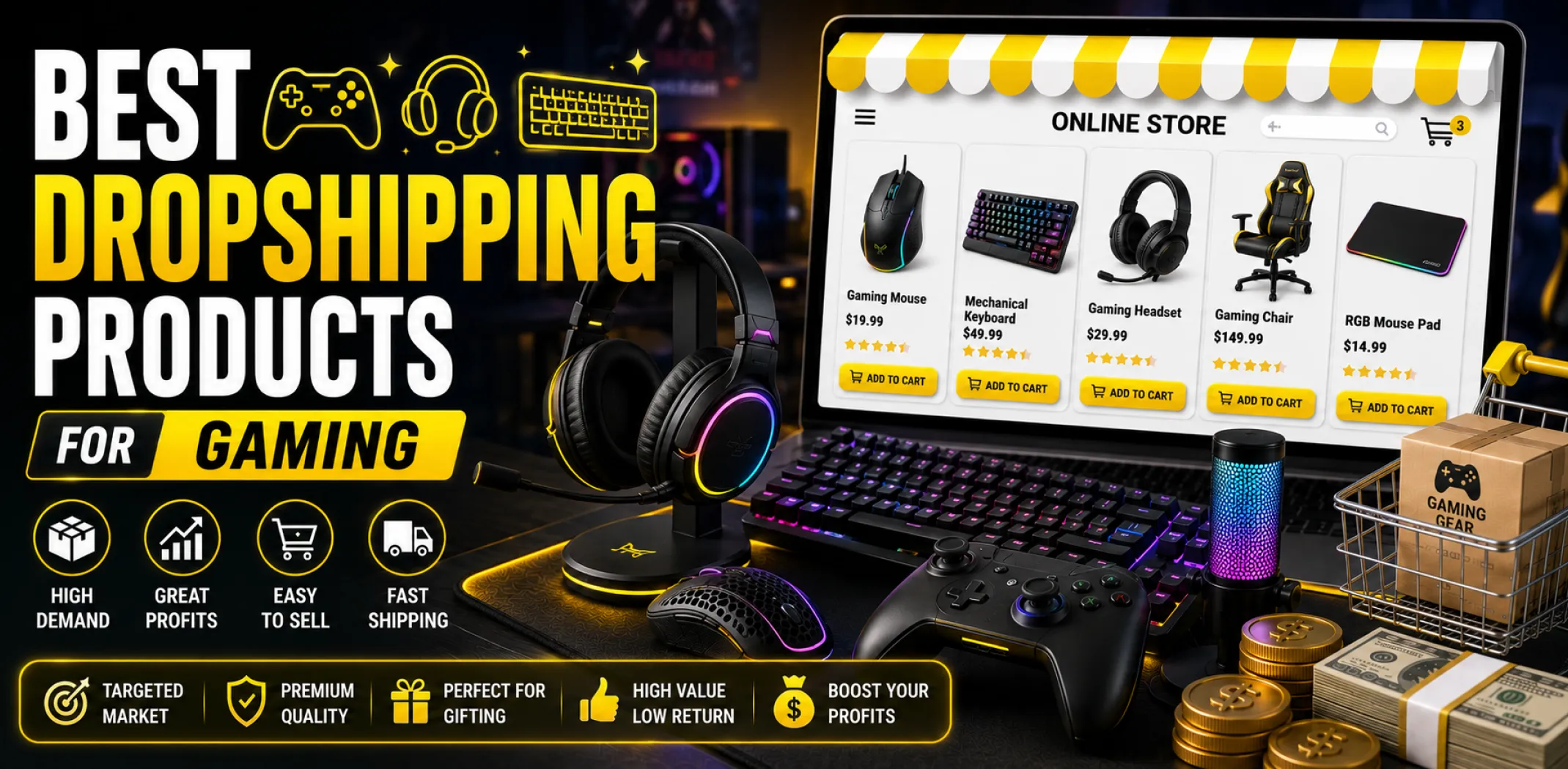 Featured image for an article about the best dropshipping products for gaming