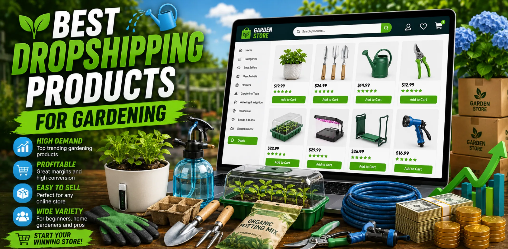 Featured image for an article about the best dropshipping products for gardening