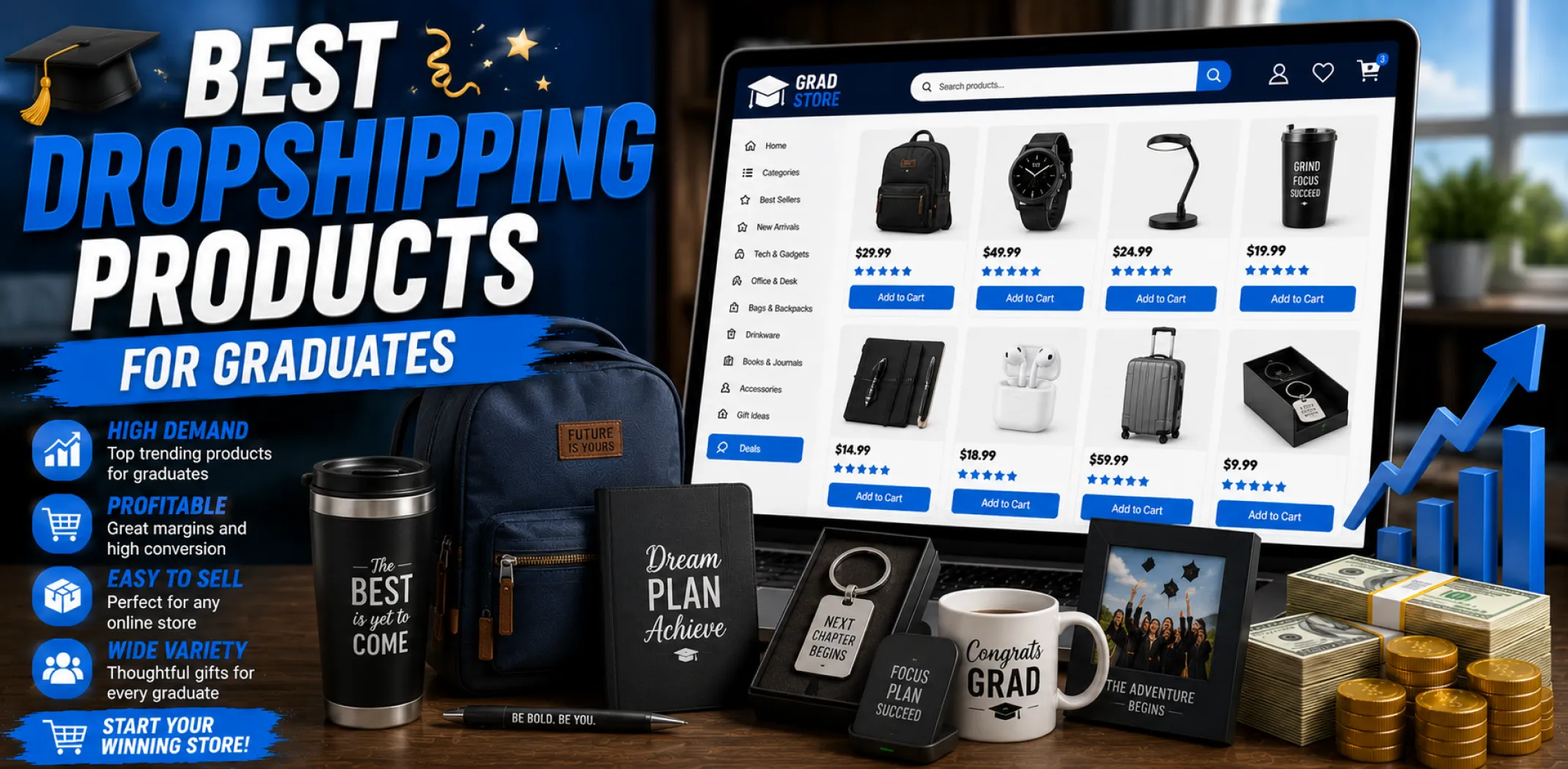 Featured image for an article about the best dropshipping products for graduates