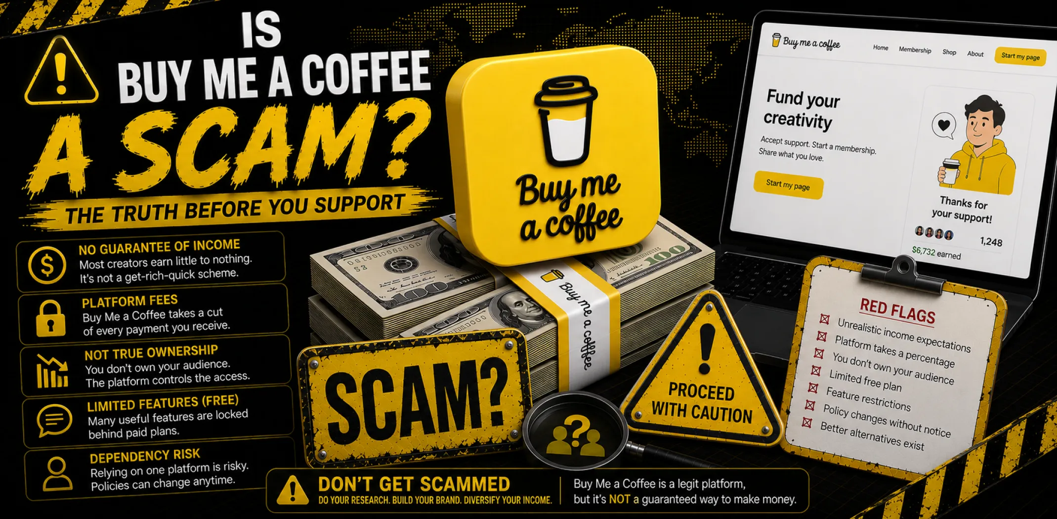 Featured image for an article answering the question "Is Buy Me a Coffee a scam?"
