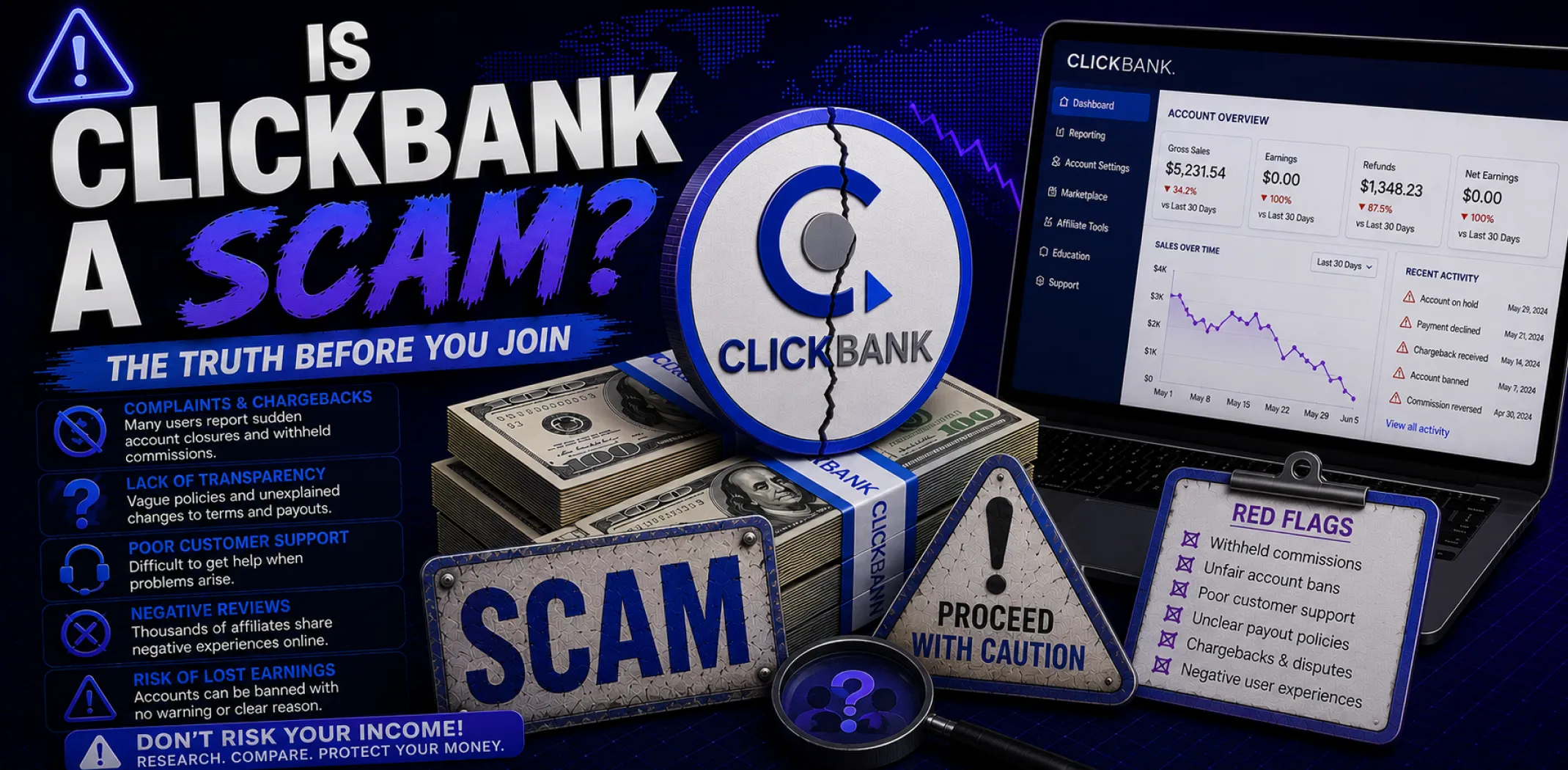 Featured image for an article answering the question "Is ClickBank a scam?"