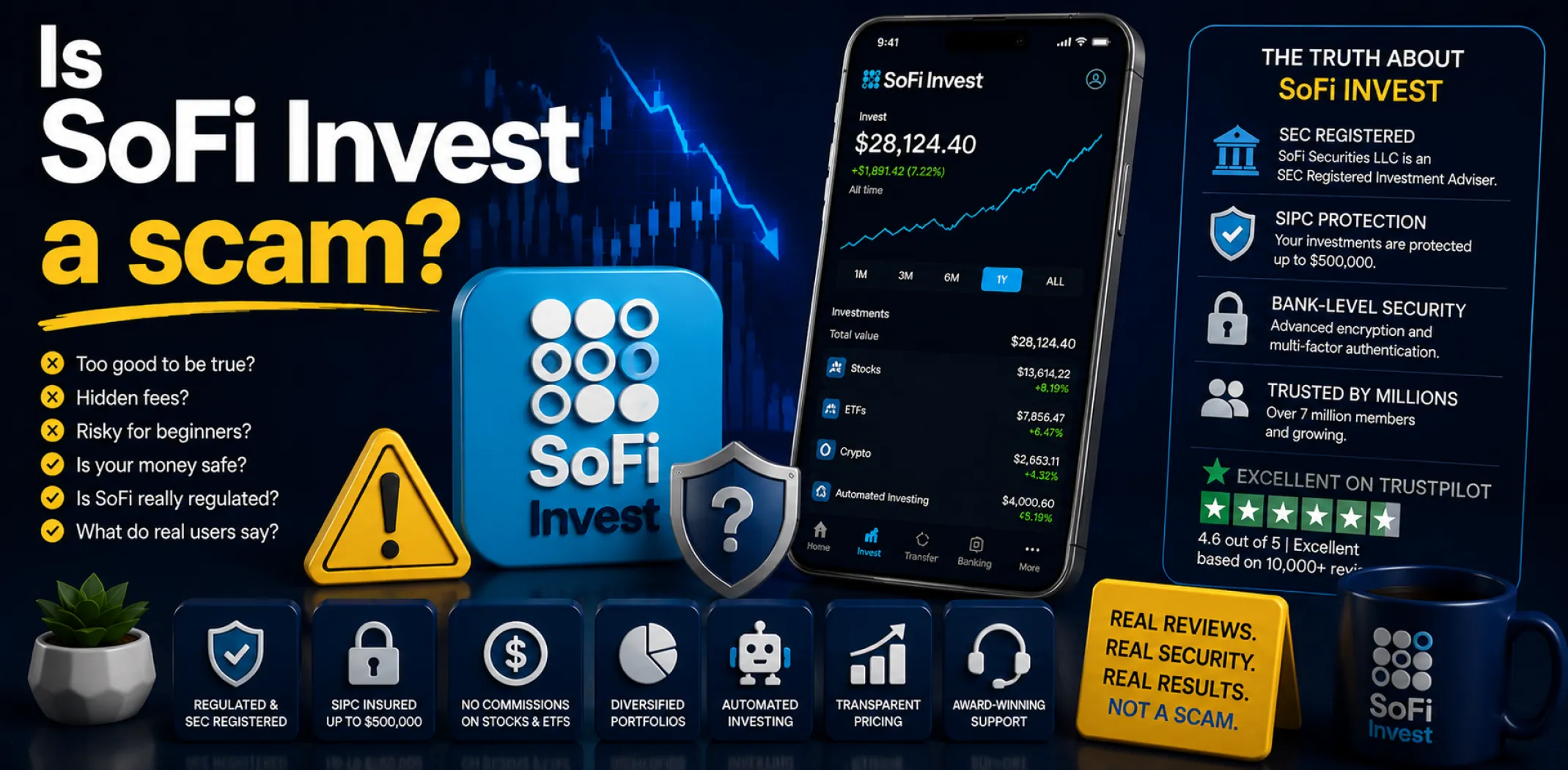 Featured image for an article answering the question "Is SoFi Invest a scam?"