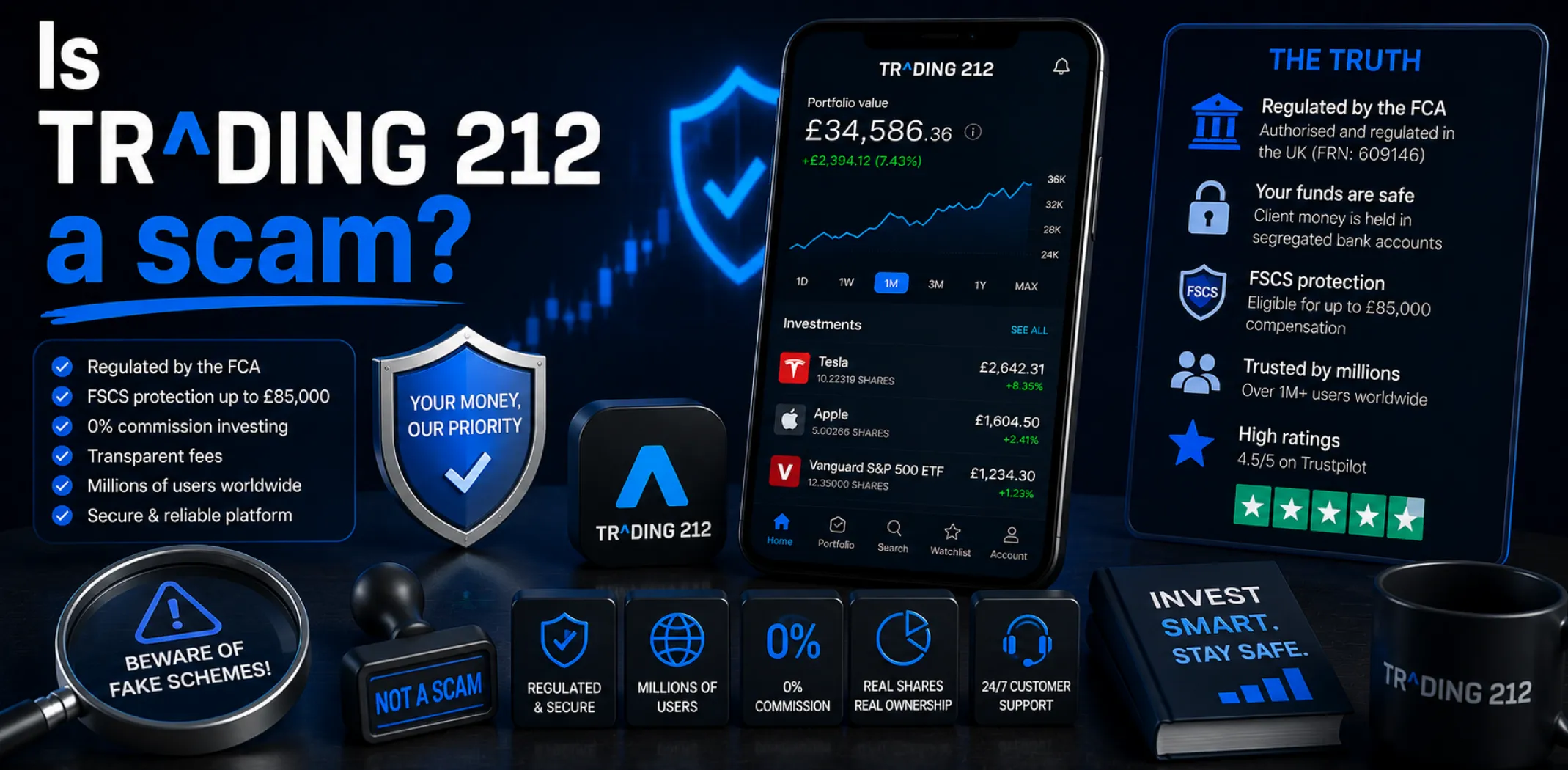 Featured image for an article answering the question "Is Trading 212 a scam?"
