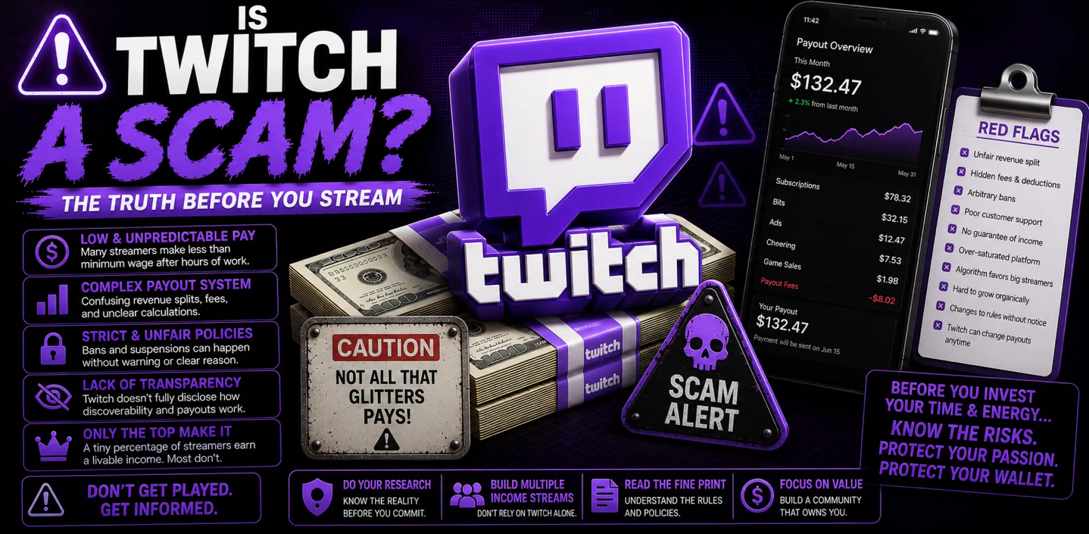 Featured image for an article answering the question "Is Twitch a scam?"