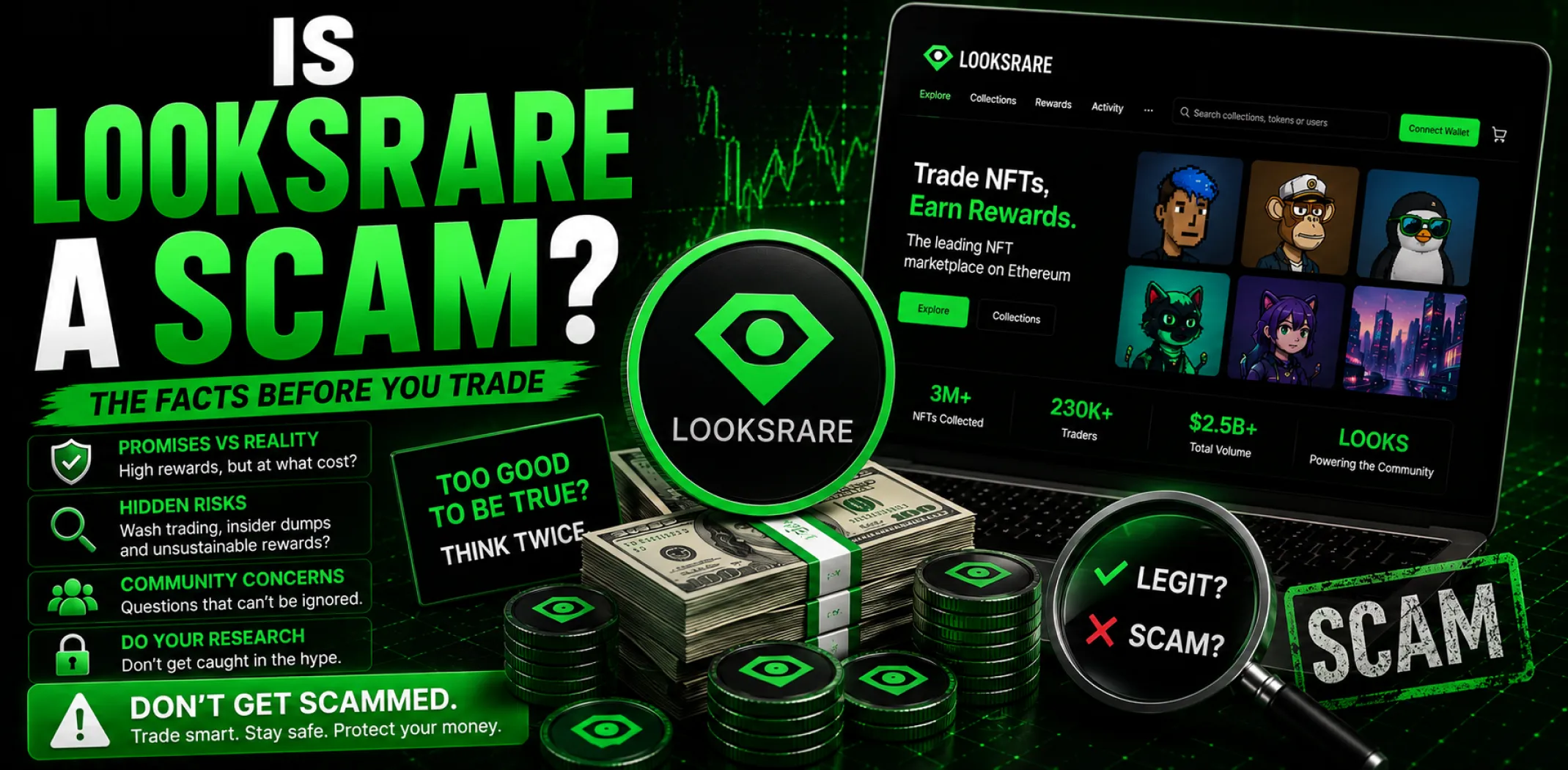 Featured image for an article answering the question "is LooksRare a scam?"