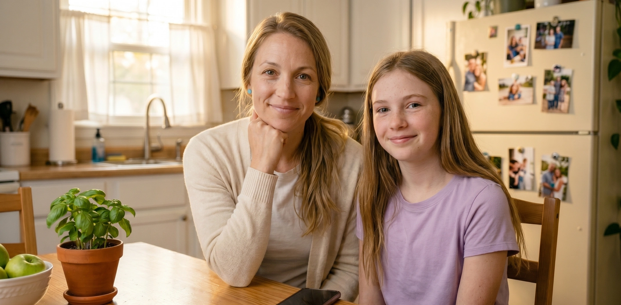 mother teaching teenager about money at kitchen table