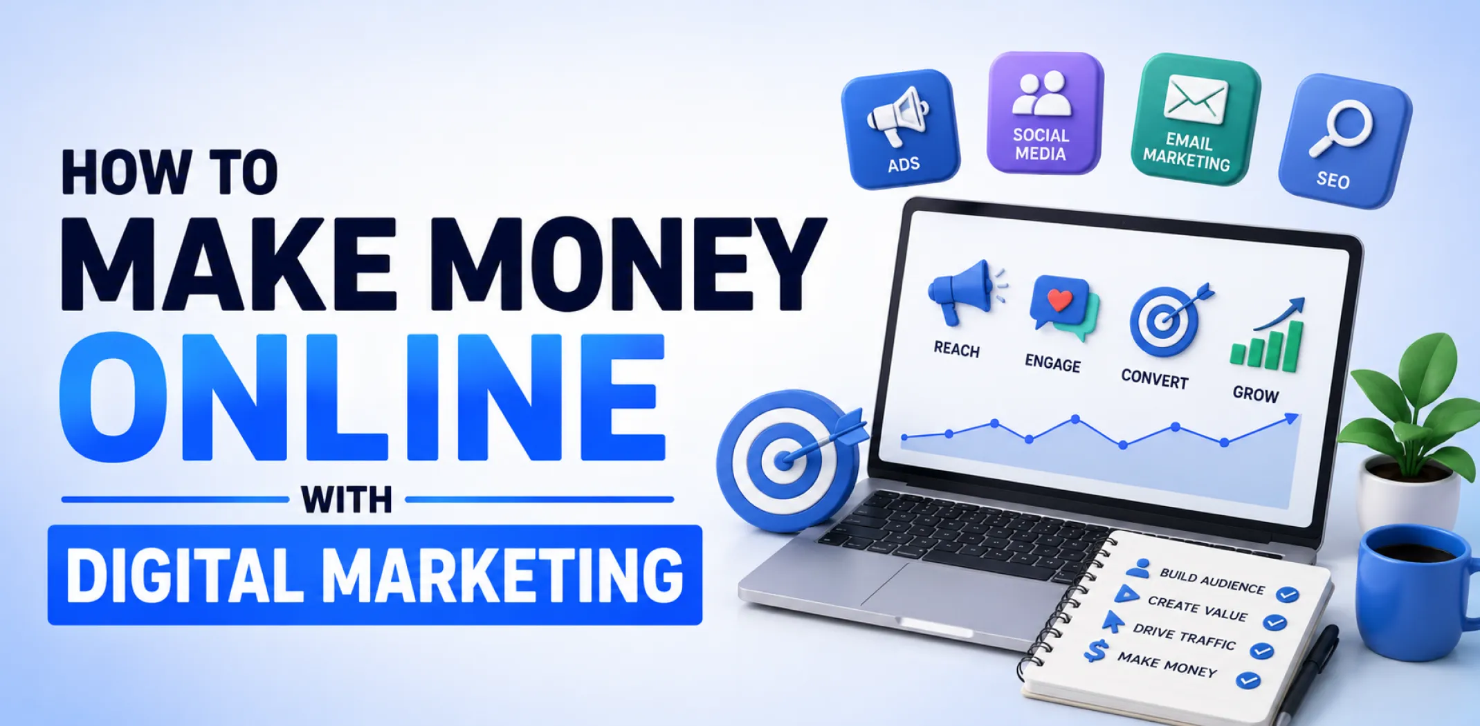 Featured image for an article about how to make money online with digital marketing