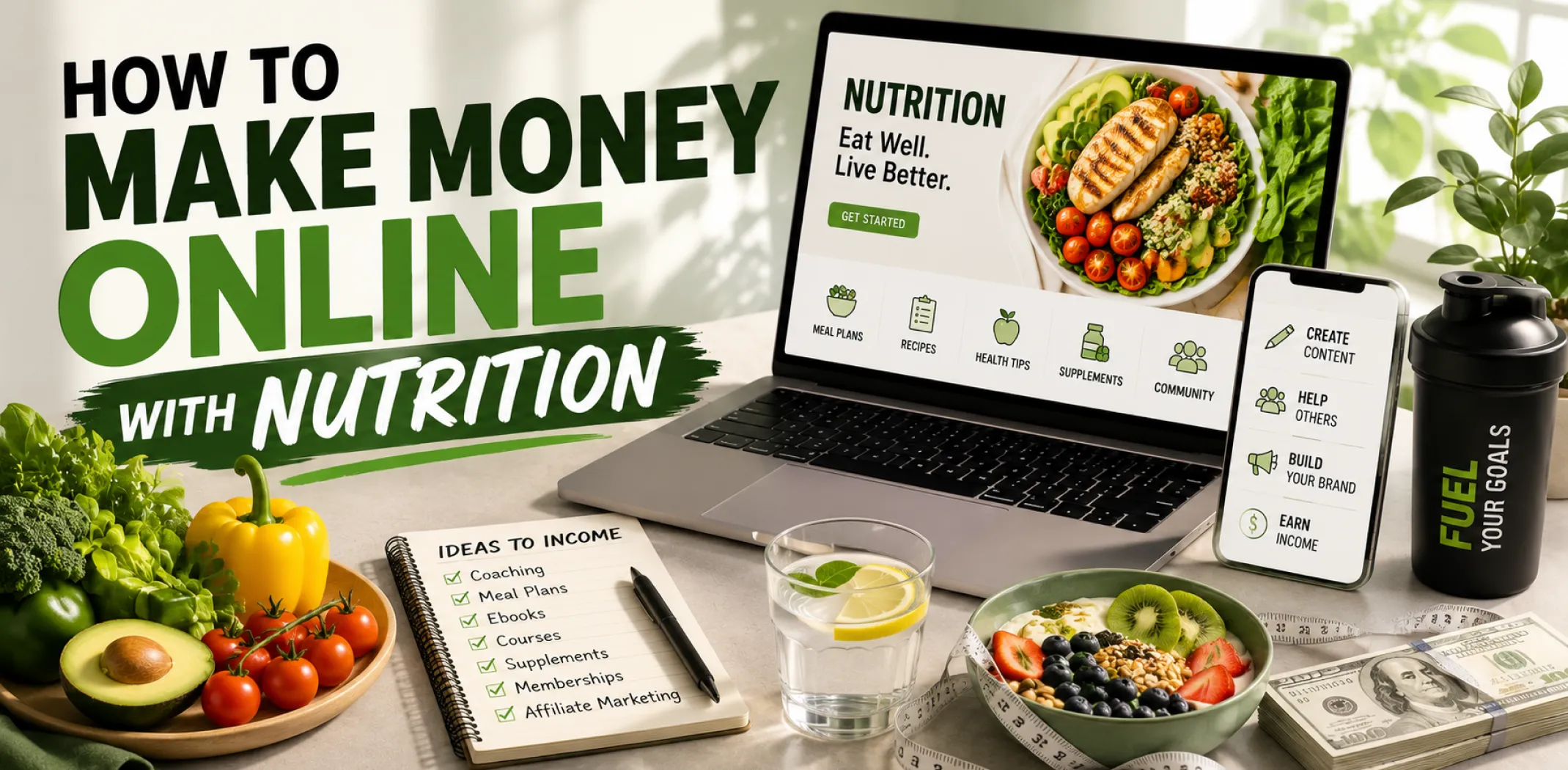 Featured image for an article about how to make money online with nutrition