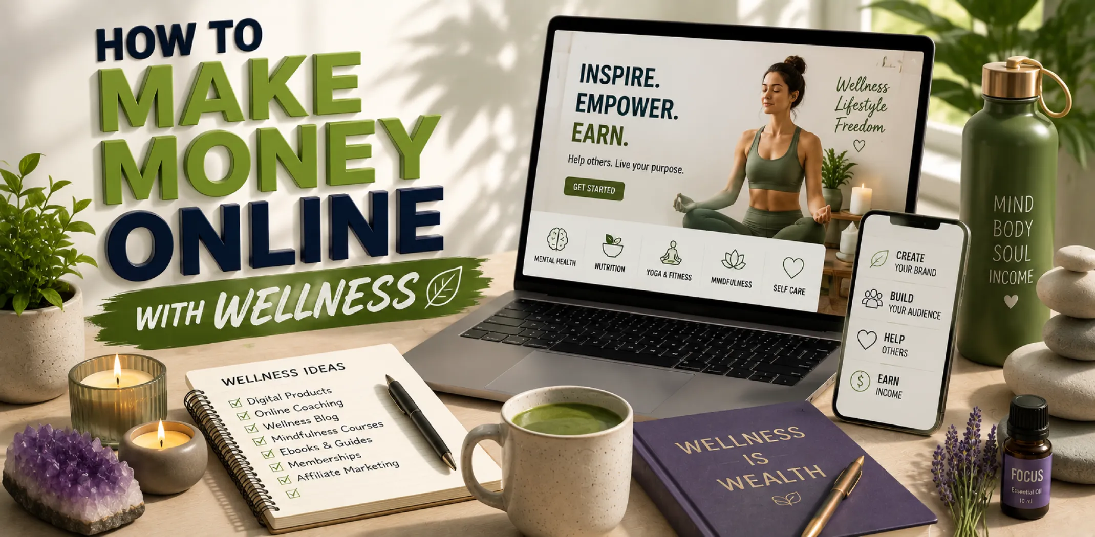 Featured image for an article about how to make money online with wellness
