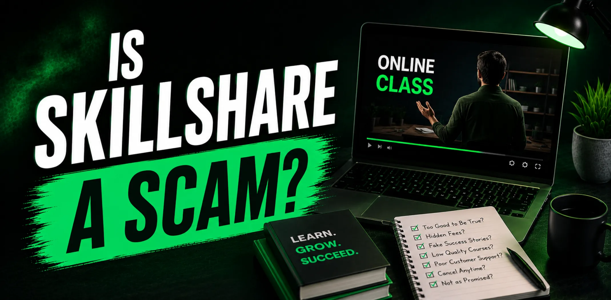 Featured image for an article answering the question "Is Skillshare a scam?"