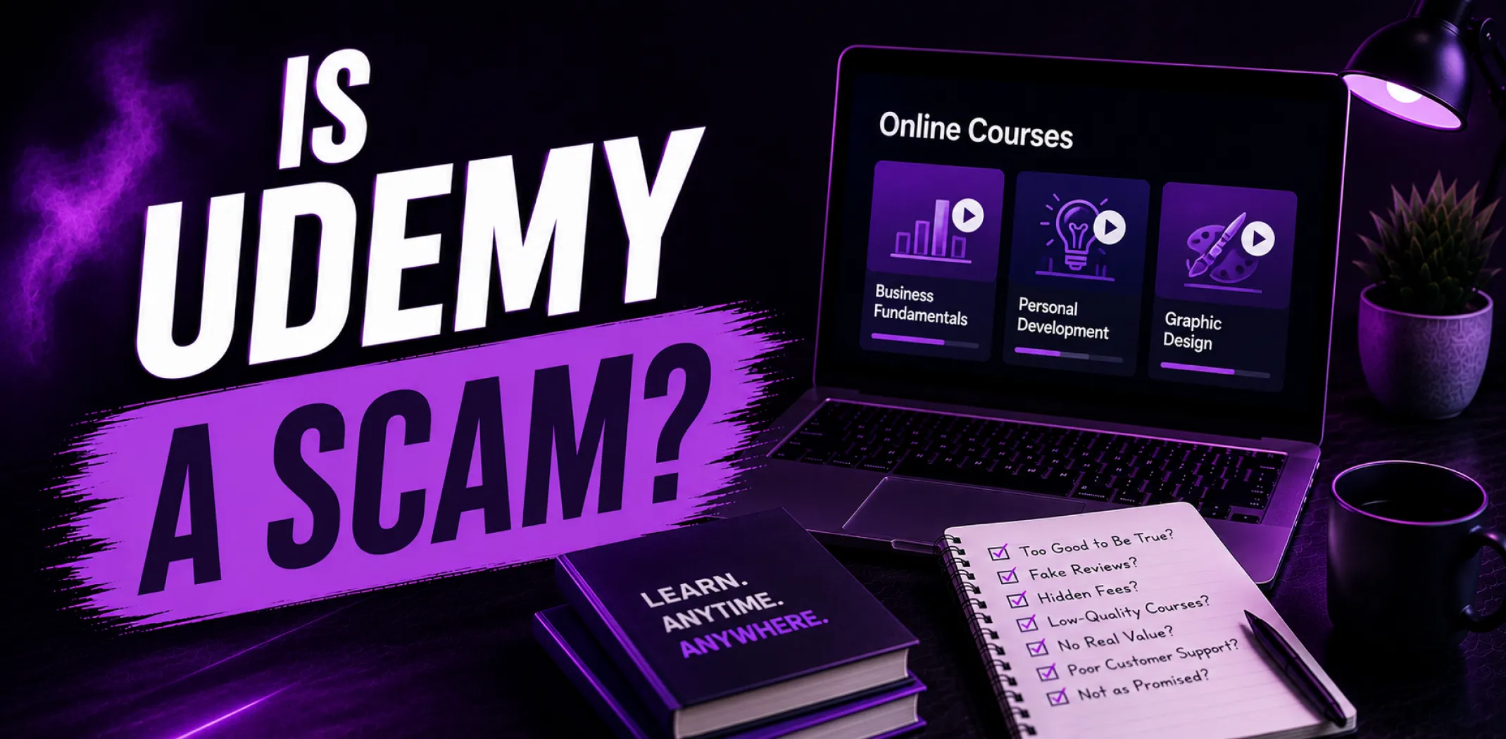 Featured image for an article answering the question "is Udemy a scam?"