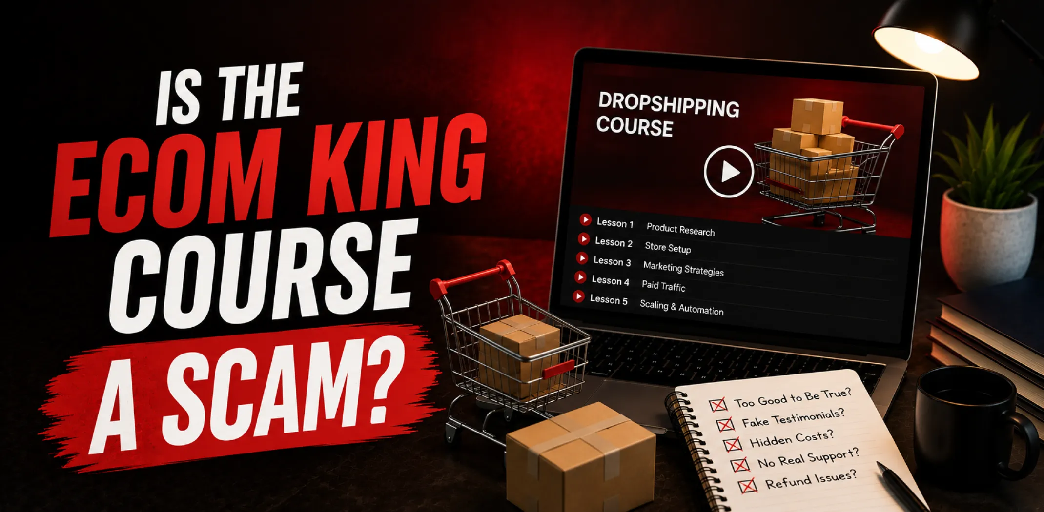 Featured image for an article answering the question "is the eCom King course a scam?"