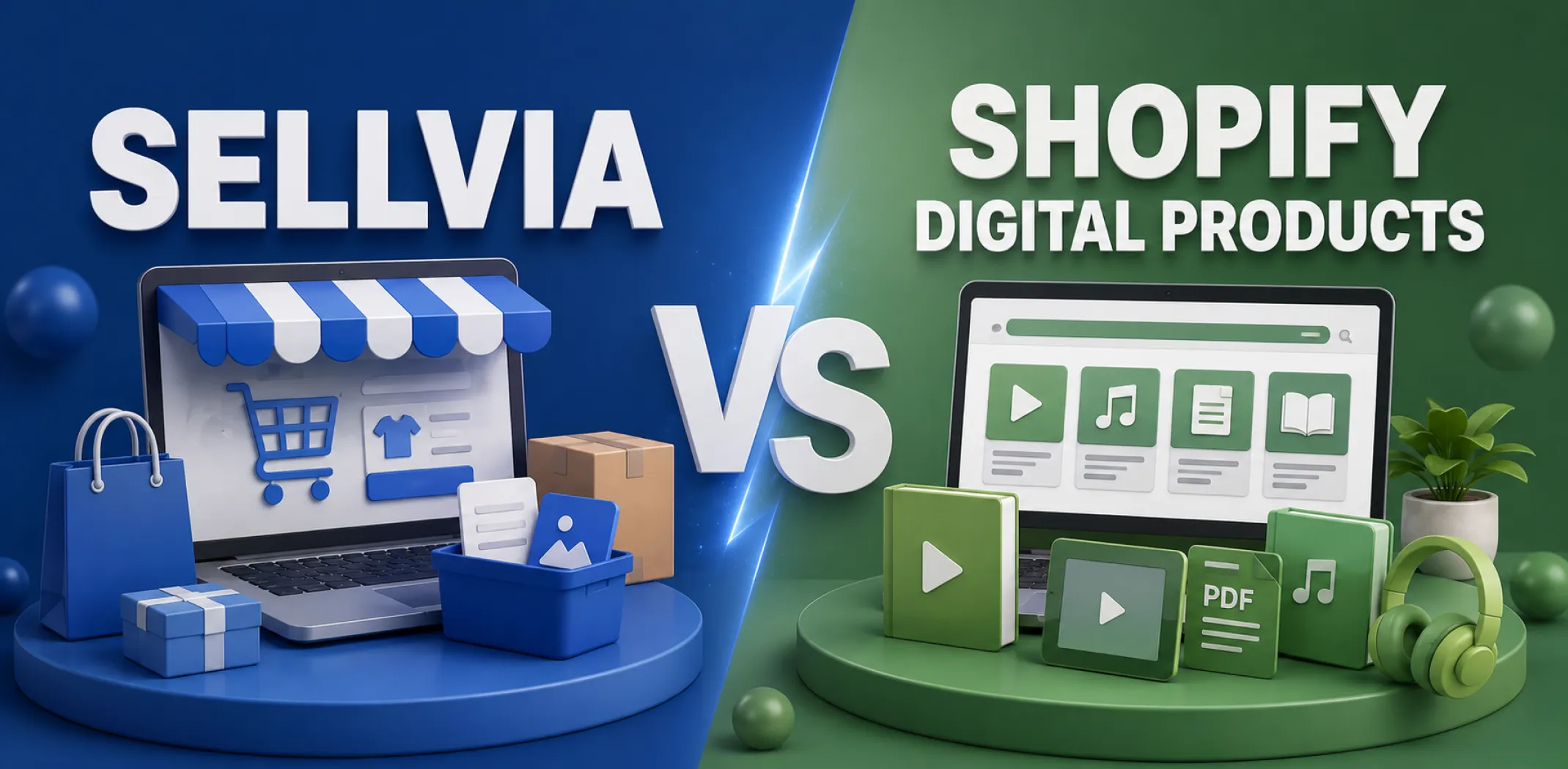Featured image for an article comparing Sellvia vs Shopify Digital Products