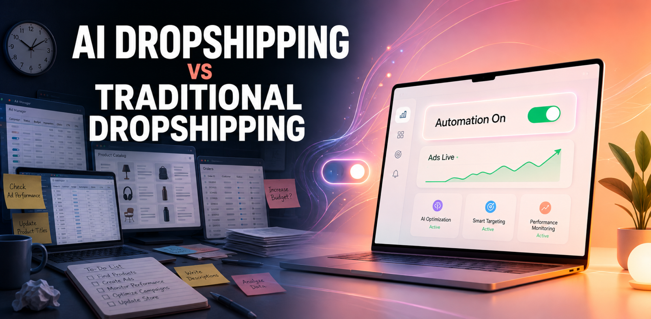 Split-screen graphic contrasting a cluttered manual workspace with a clean automated dashboard, illustrating AI dropshipping vs traditional dropshipping.
