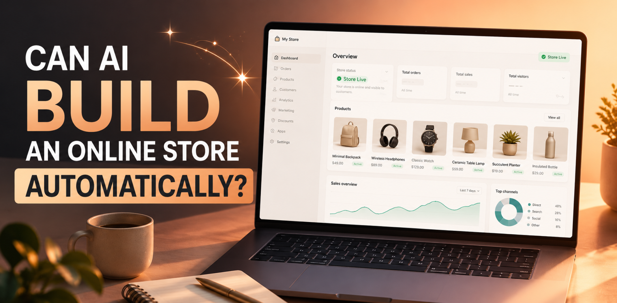 Laptop screen showing a fully built online store dashboard, illustrating how AI store builders compare to a ready-made store.