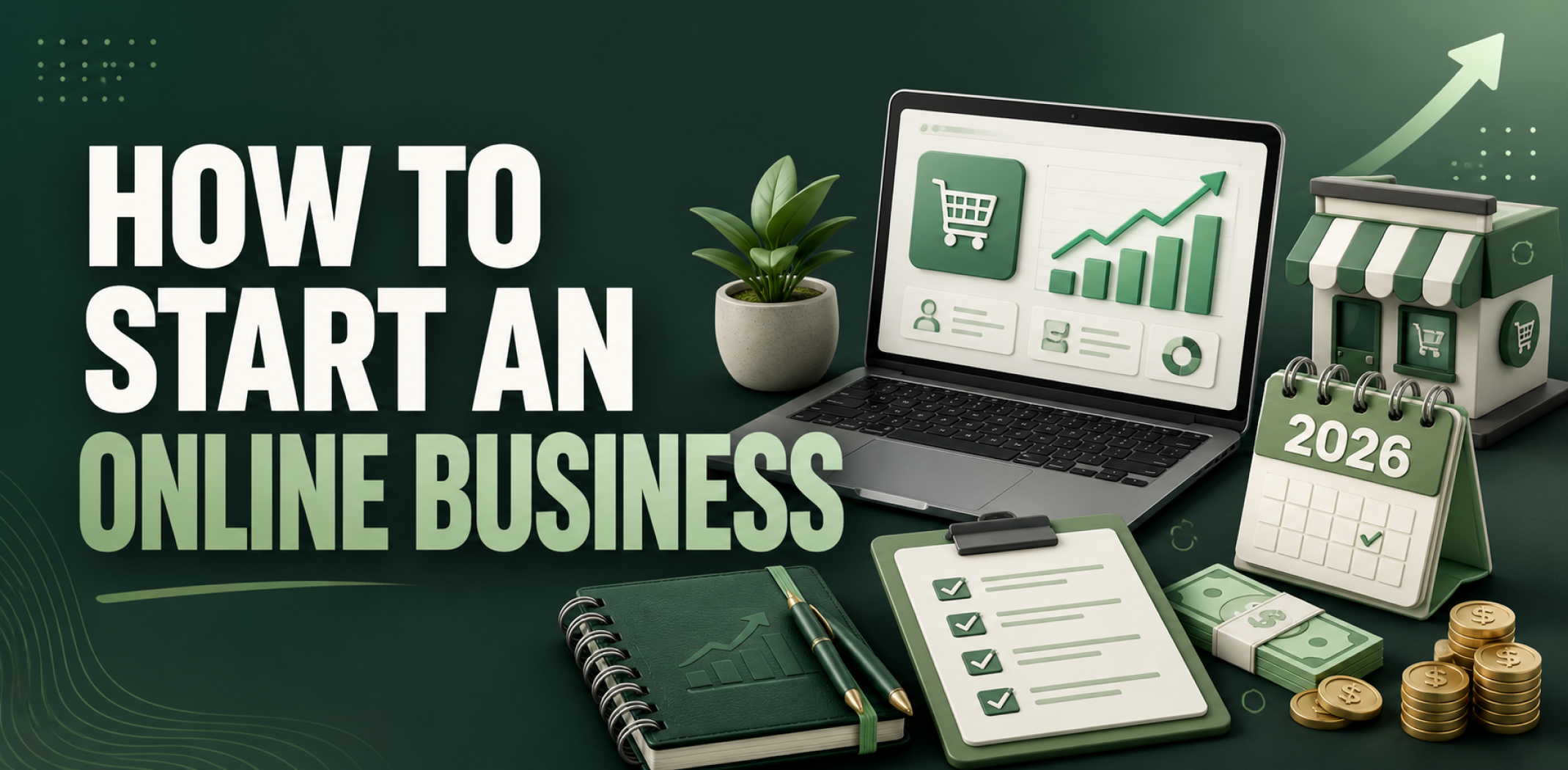 A laptop and notebook on a desk representing how to start an online business in 2026.