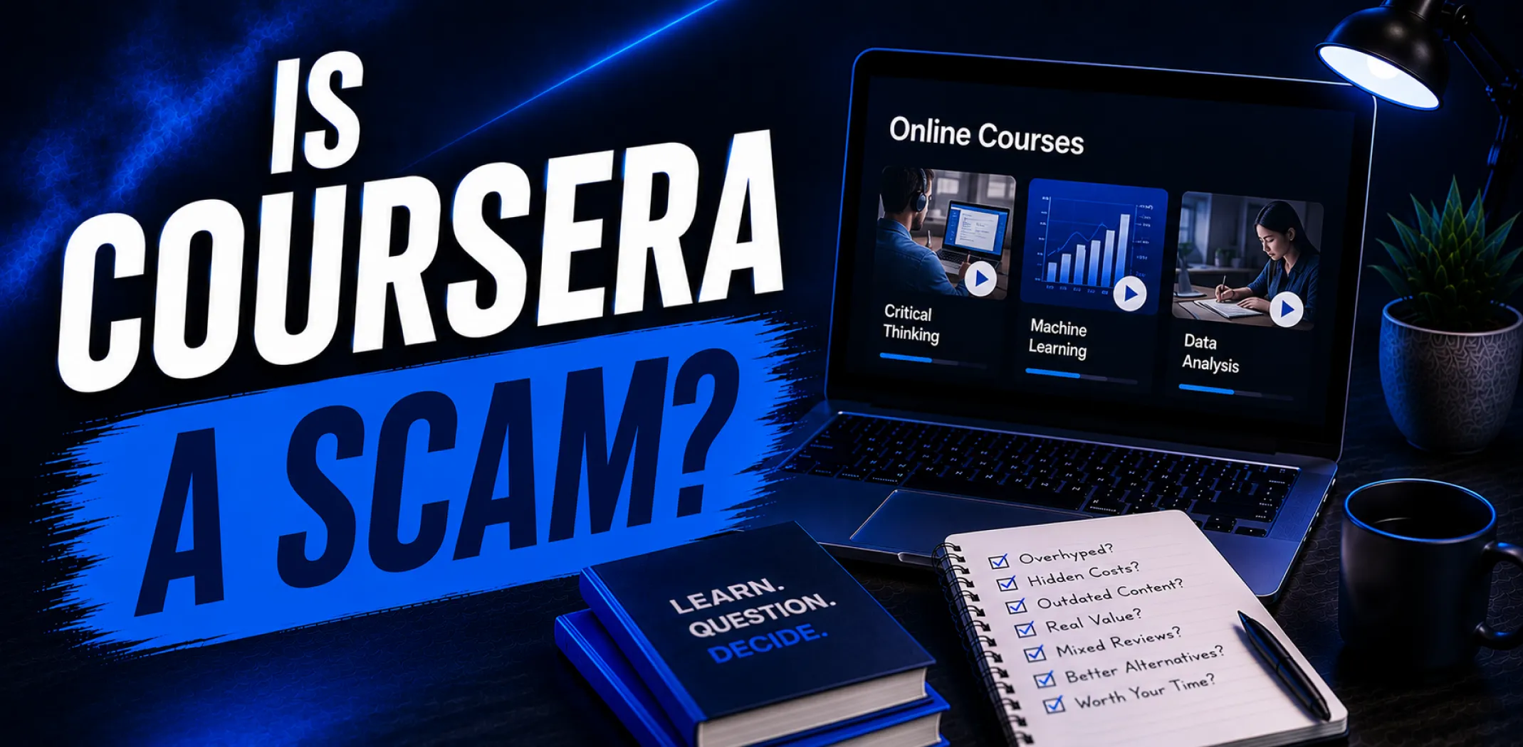 Featured image for an article answering the question "is Coursera a scam?"