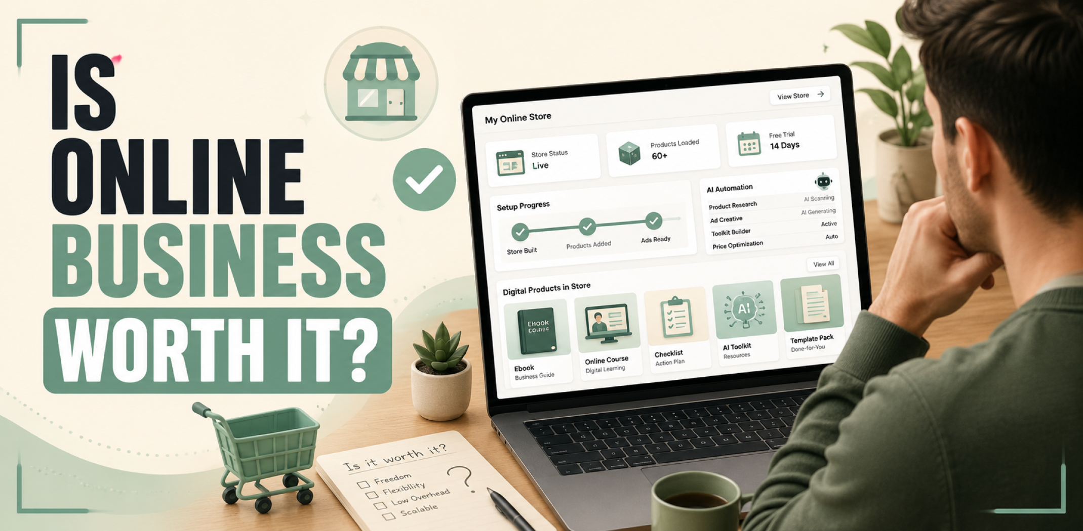 Person reviewing an online store dashboard on a laptop while deciding if an online business is worth it.