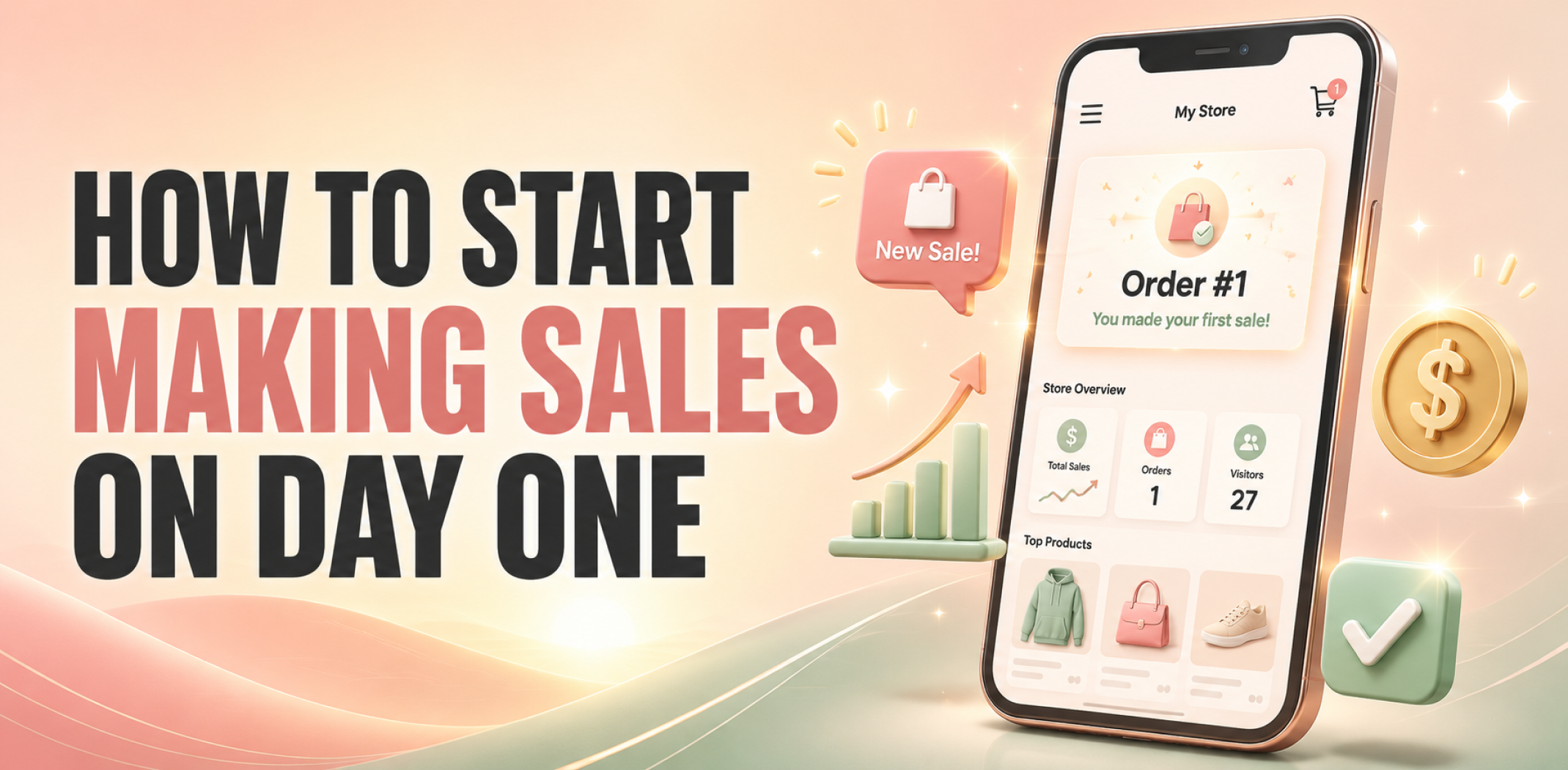 Phone screen showing a first online business sale notification at sunrise, illustrating how to make your first sale.