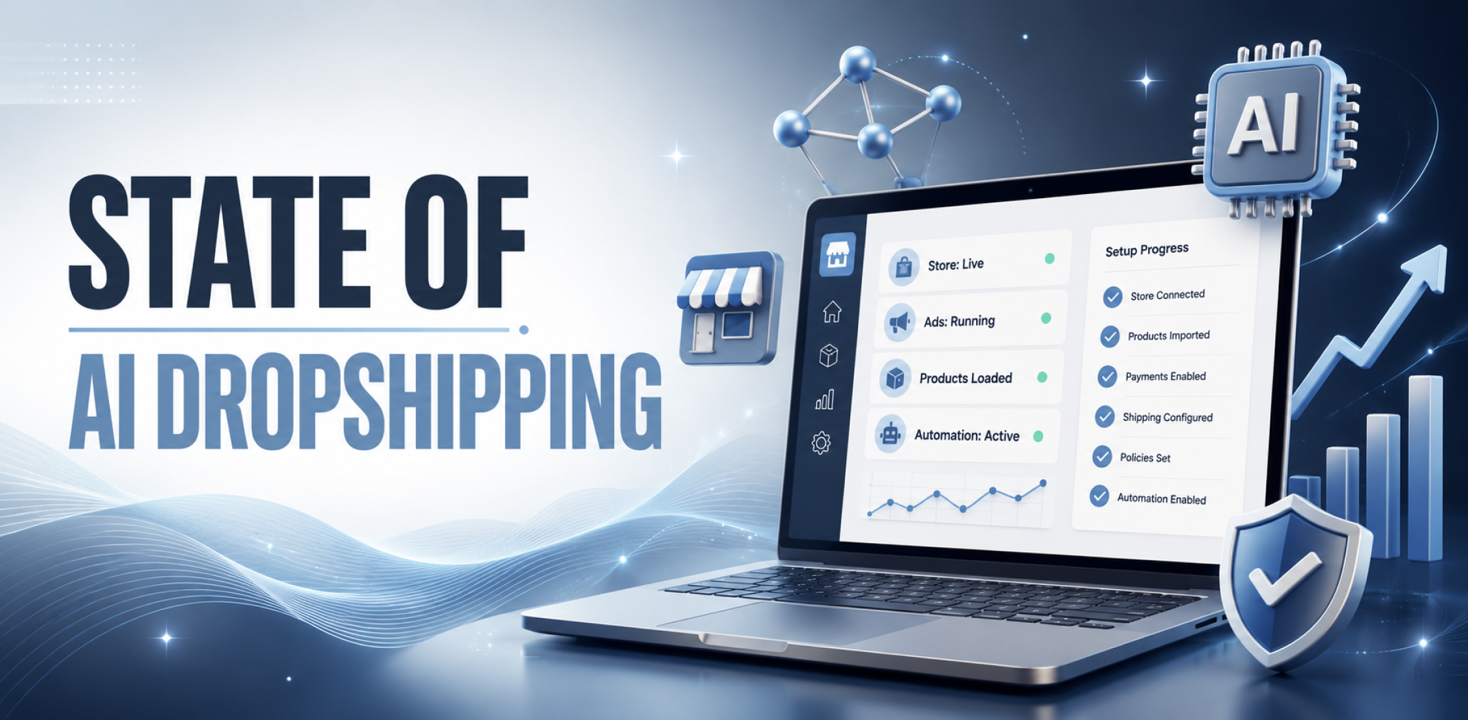 Laptop showing an AI-assisted online store dashboard, illustrating the state of AI dropshipping in 2026.