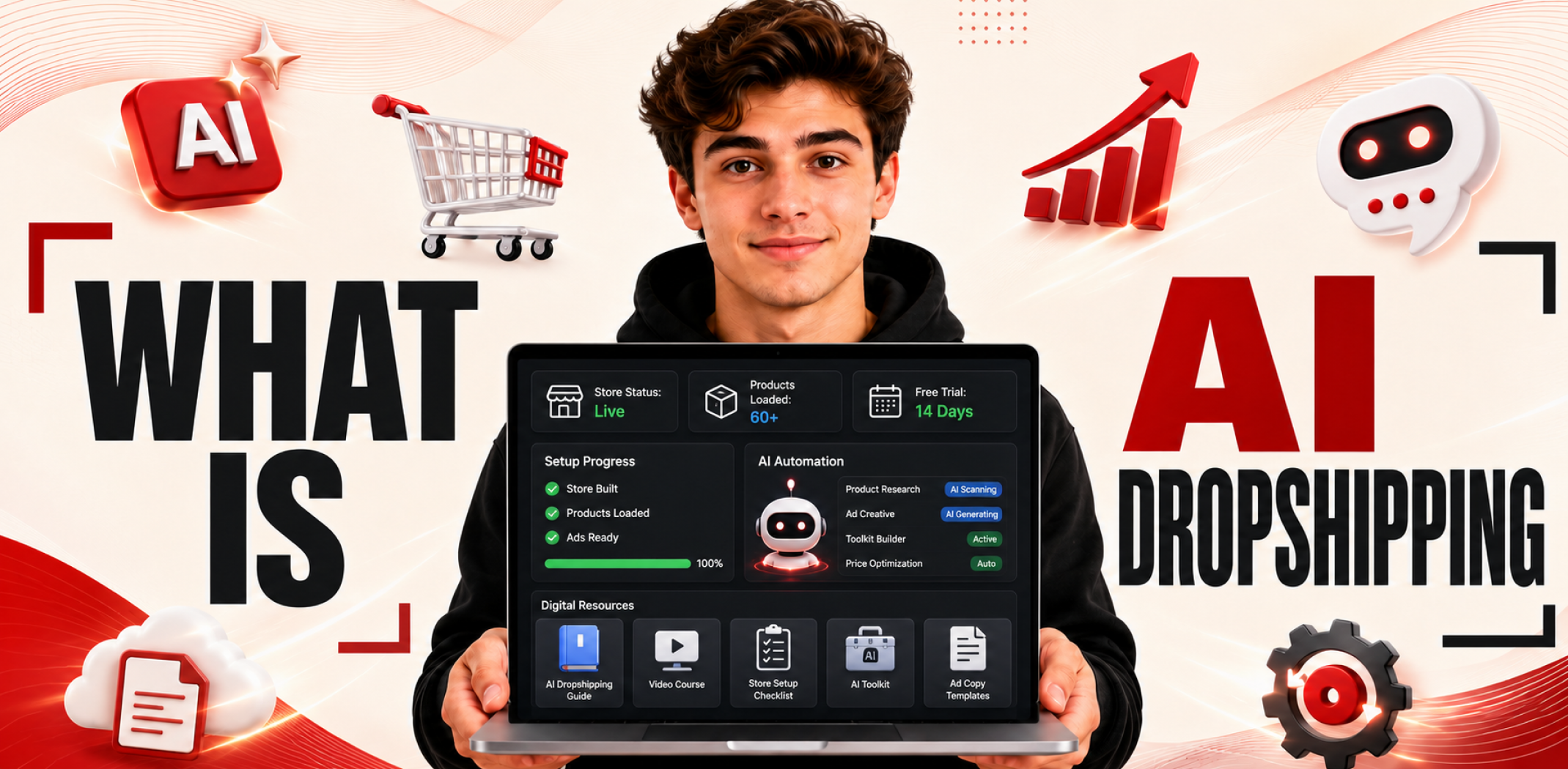 A person showing an AI-powered online store dashboard on a laptop, representing what AI dropshipping means.
