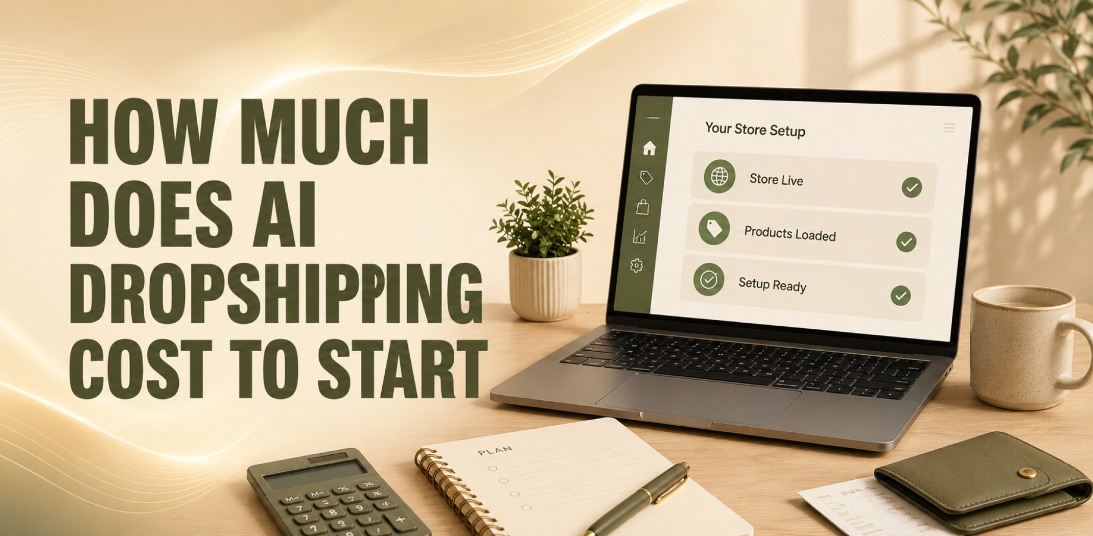 A minimal home office desk with no inventory boxes, illustrating the low cost to start an AI dropshipping business.